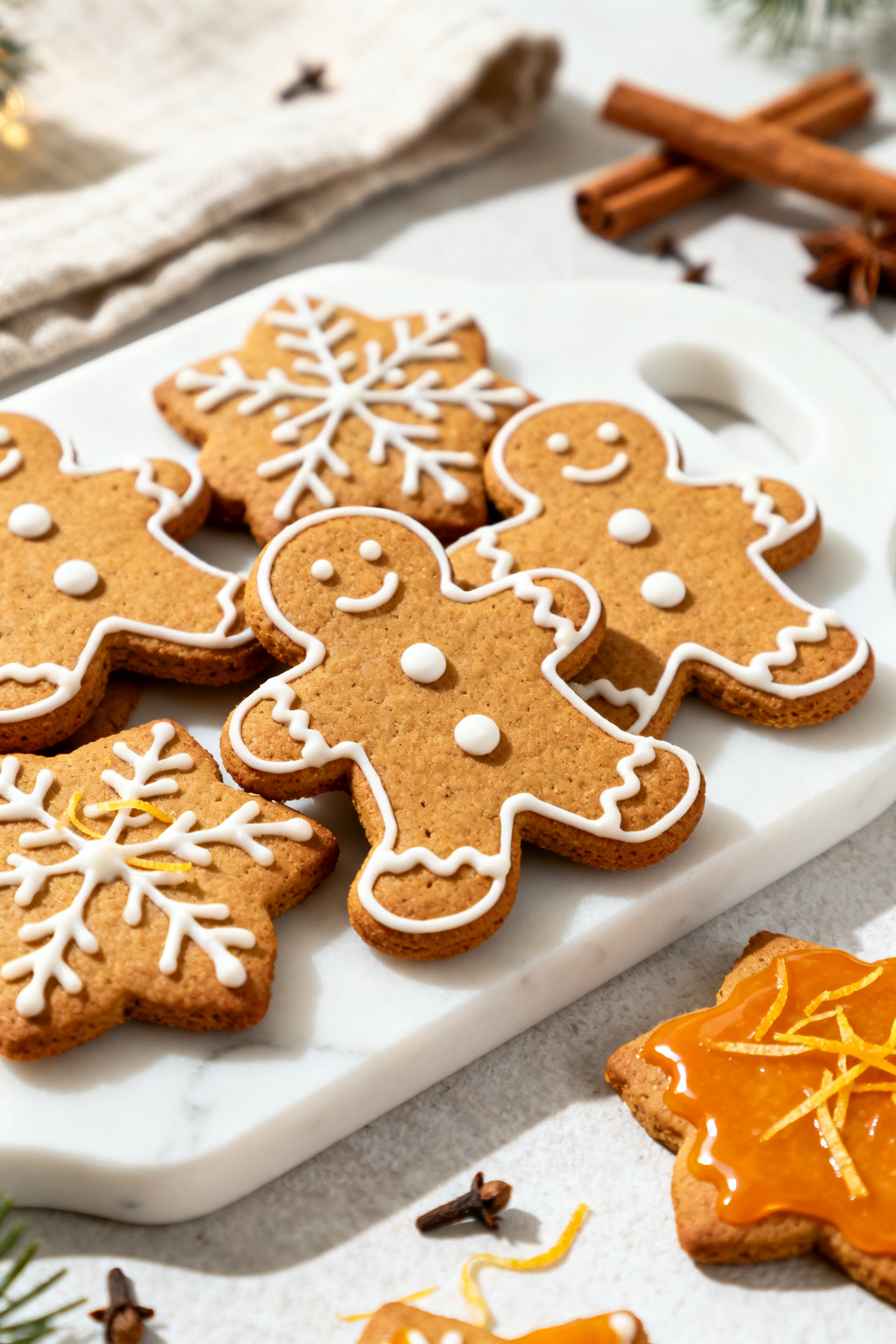 Final plated presentation: Beautifully iced air fryer gingerbread cookies arranged on a white stonew