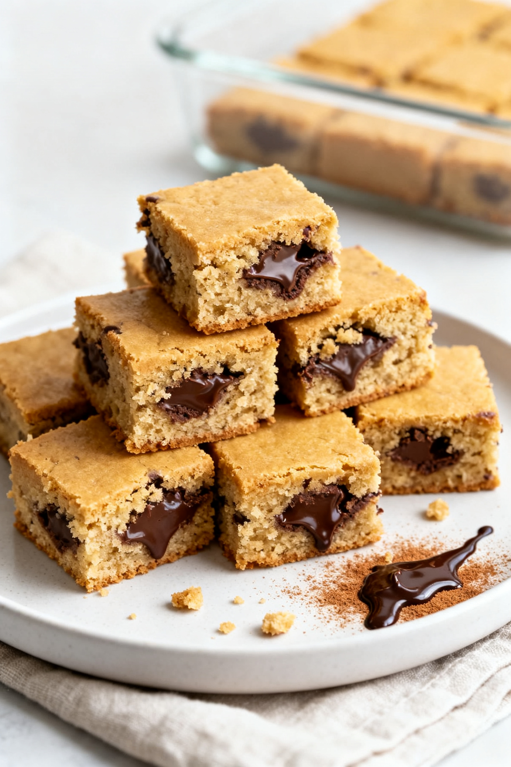 Final plated presentation: Beautifully sliced protein blondie squares (12 snack-size pieces) stacked