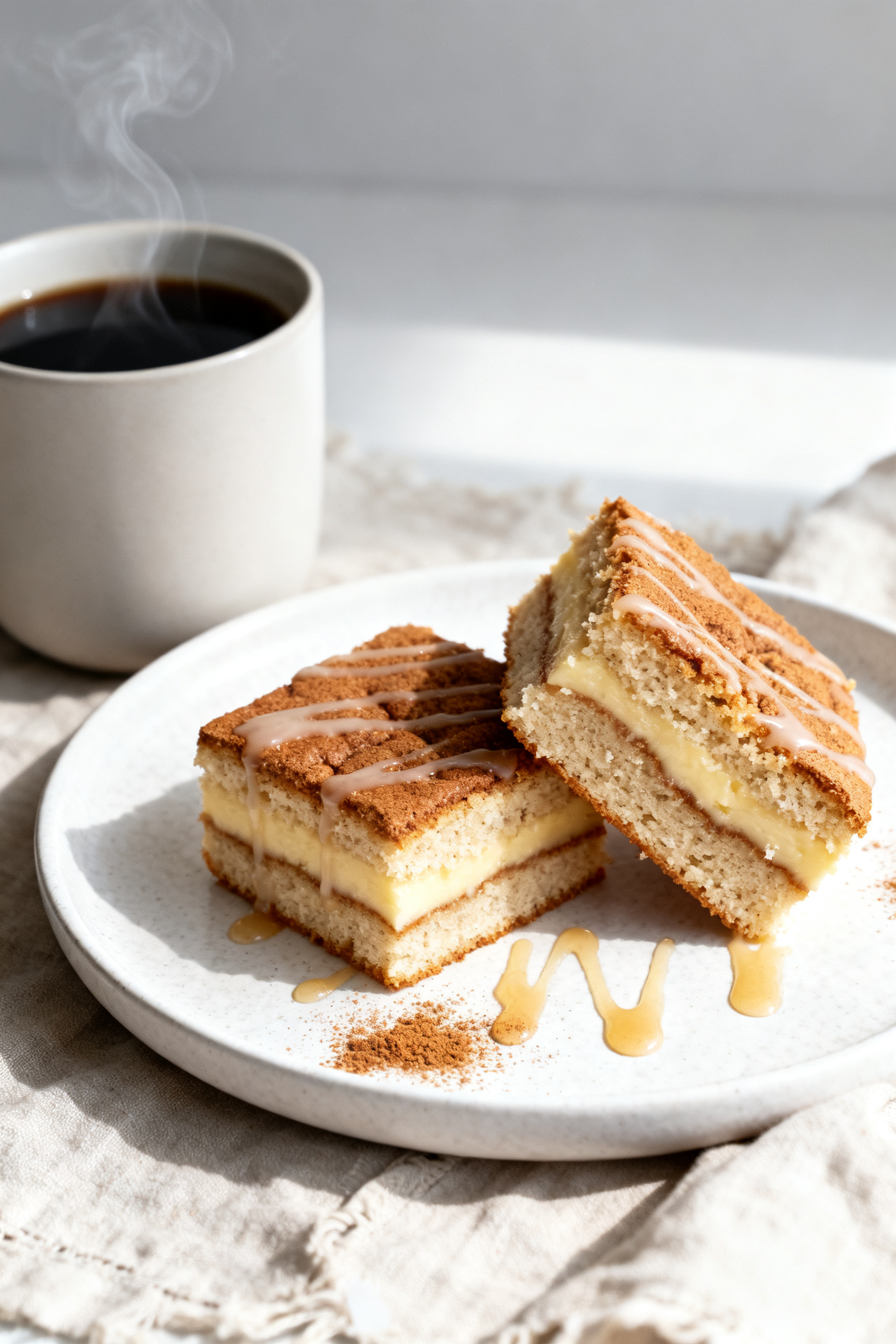 Final plated presentation: Two neat squares of keto coffee cake on a matte white dessert plate, one 