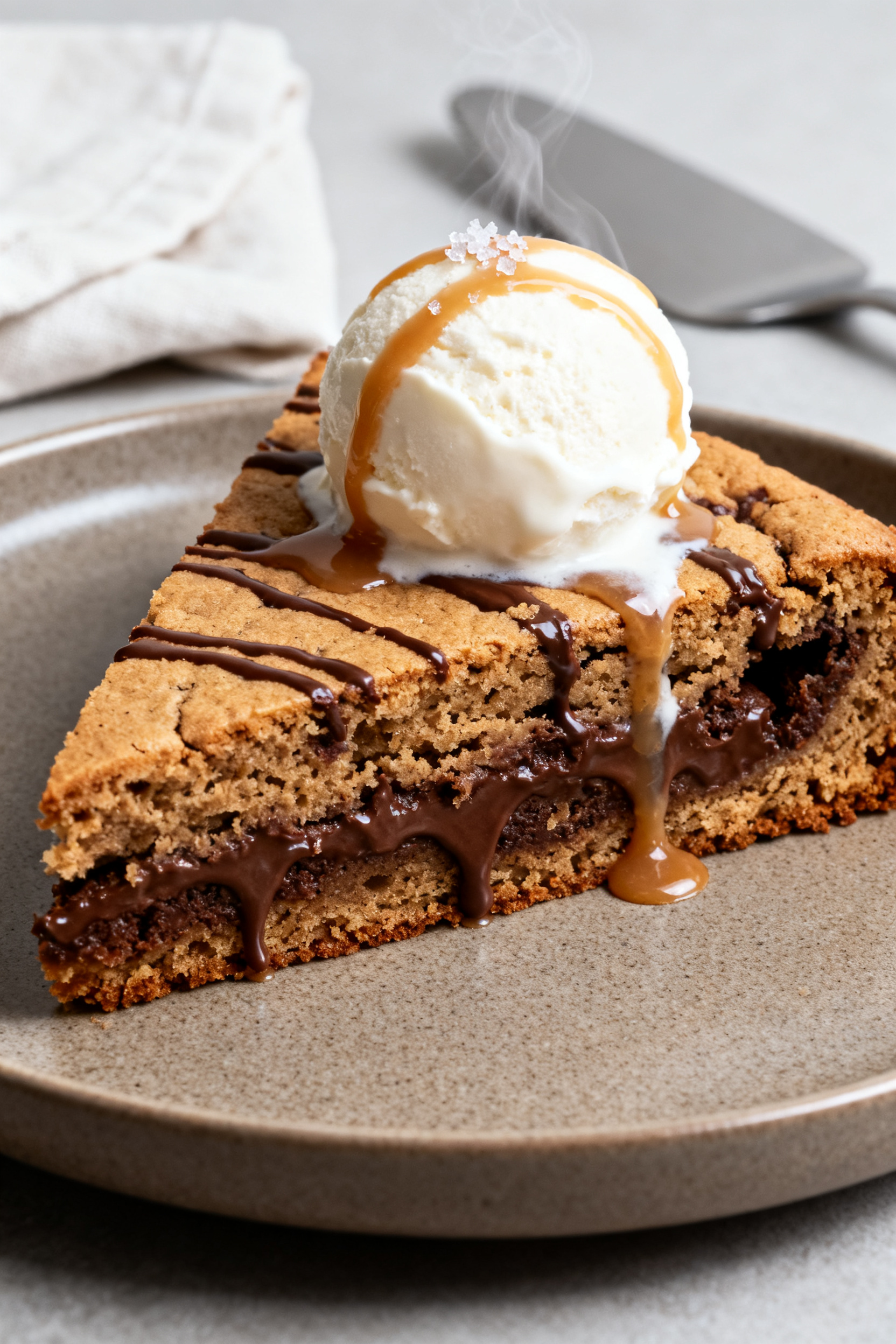 Final plated serving shot: a generous wedge of cookie cake on a matte ceramic dessert plate, warm wi
