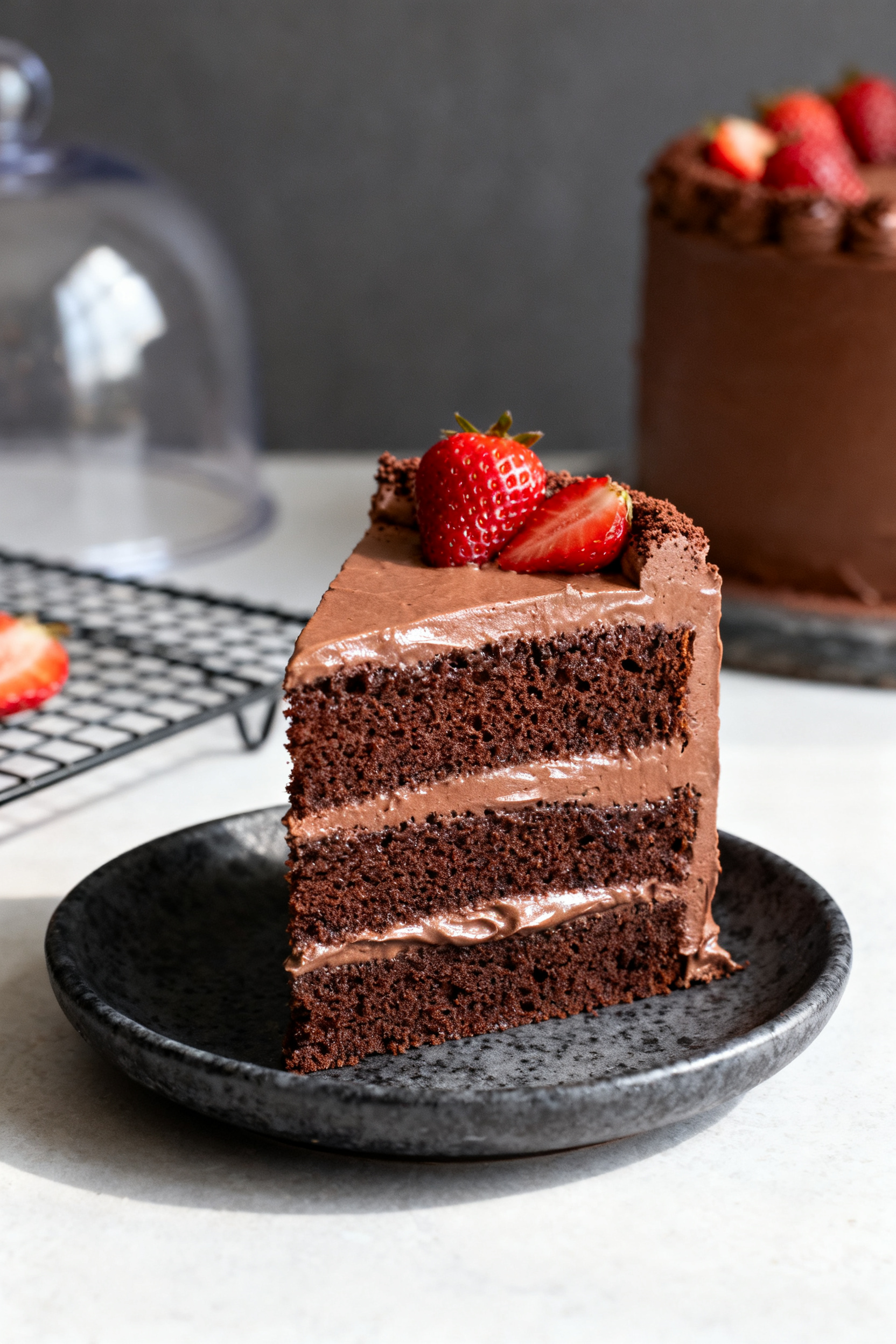 Final plated slice: A single tall slice of vegan chocolate cake on a small charcoal stoneware plate,