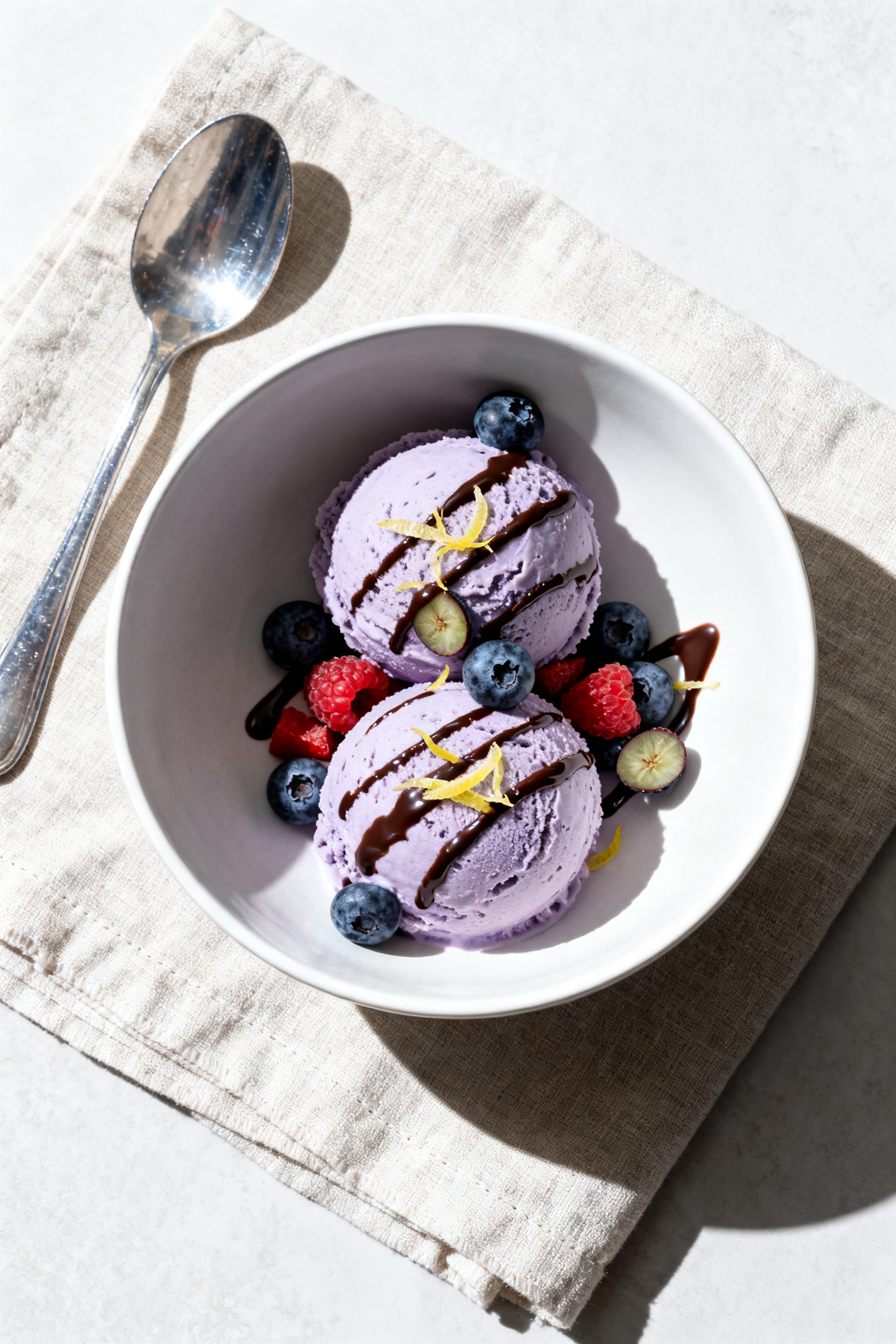 Final plated, top view: Tasty overhead shot of two round scoops of the frozen yogurt in a matte whit