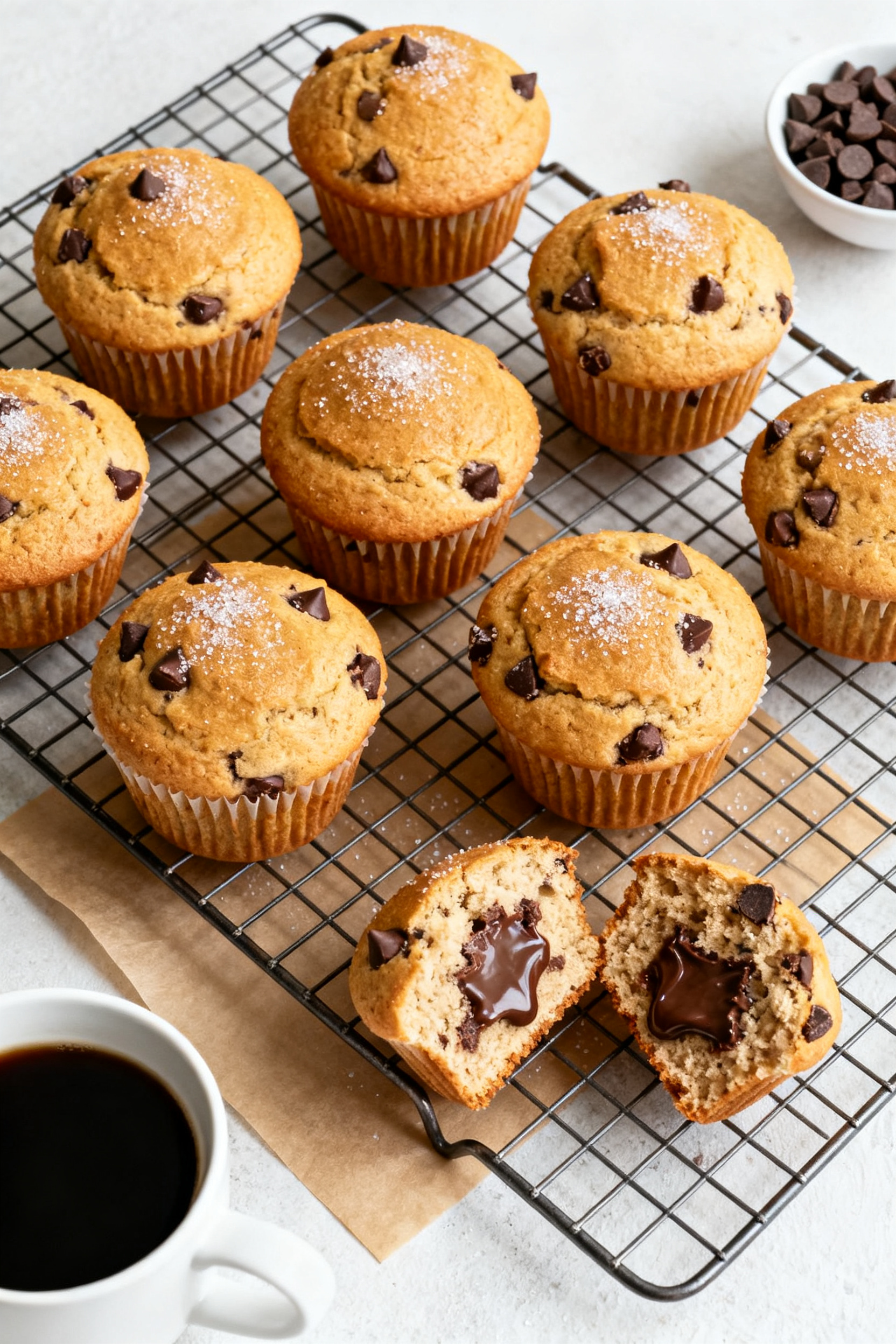 Final presentation: Bakery-style chocolate chip muffins with tall, domed golden tops arranged on a w