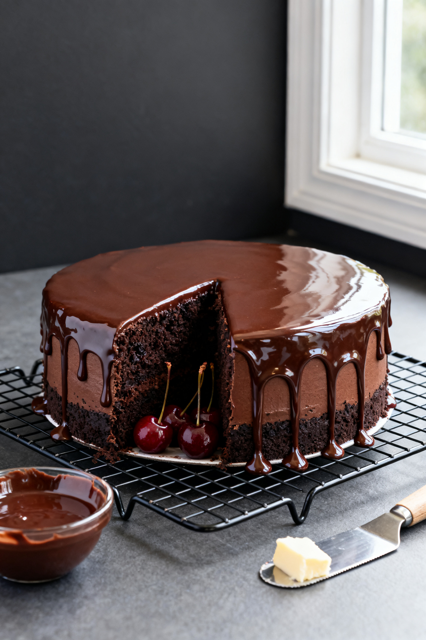 Final presentation, drippy ganache moment: Fully cooled chocolate cherry cake on a wire rack as a si