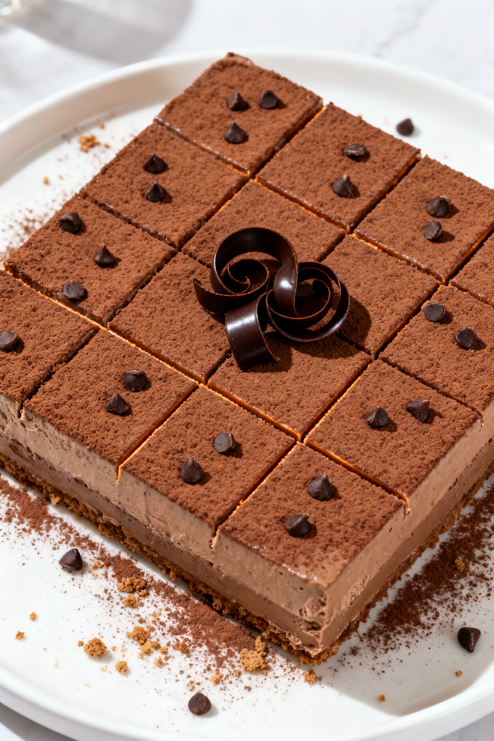 Final presentation hero shot, top-down: completed mocha icebox cake with an ultra-smooth top, evenly