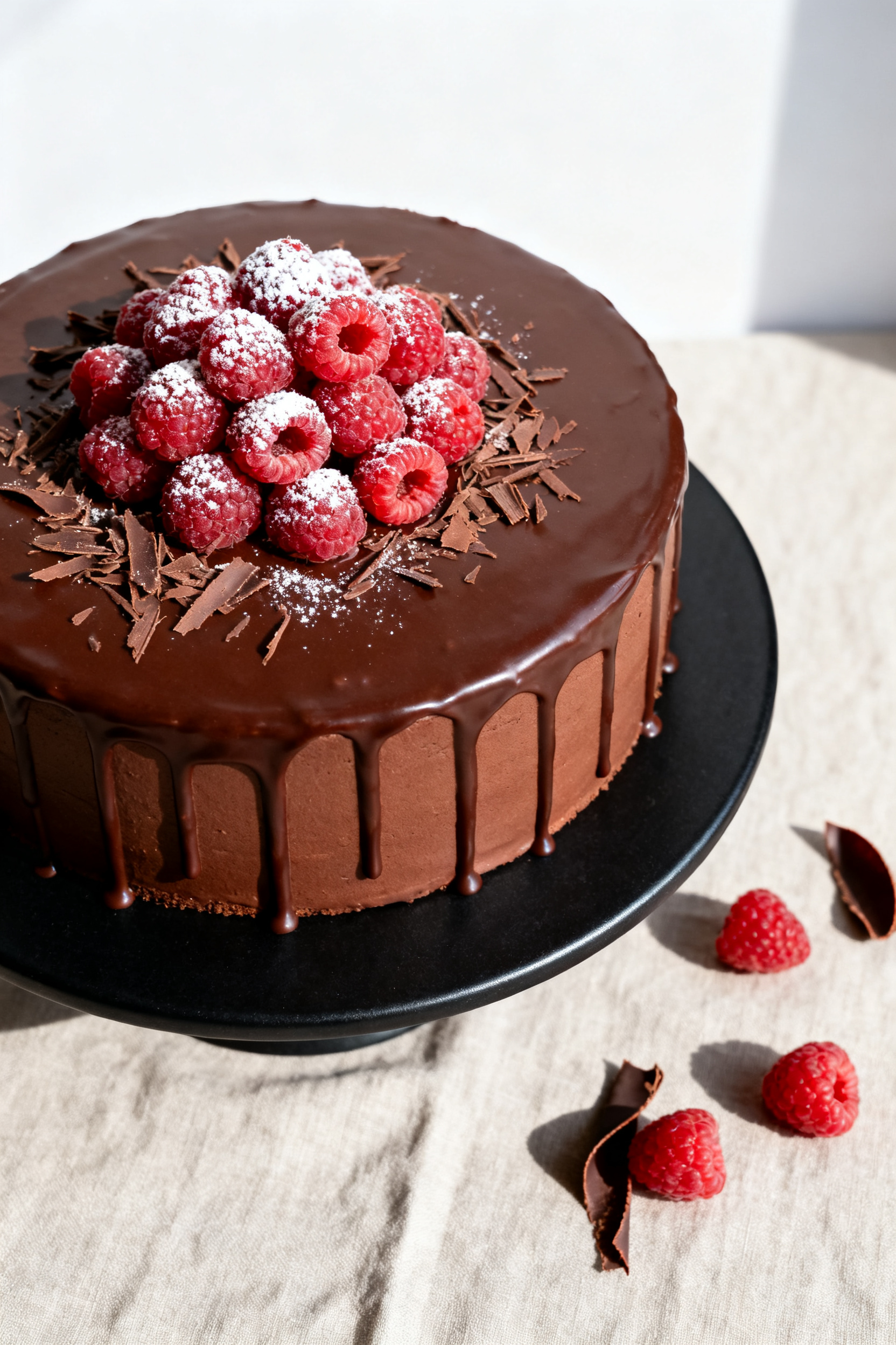 Final presentation overhead: Top-down shot of the finished Chocolate Raspberry Cake with a perfectly