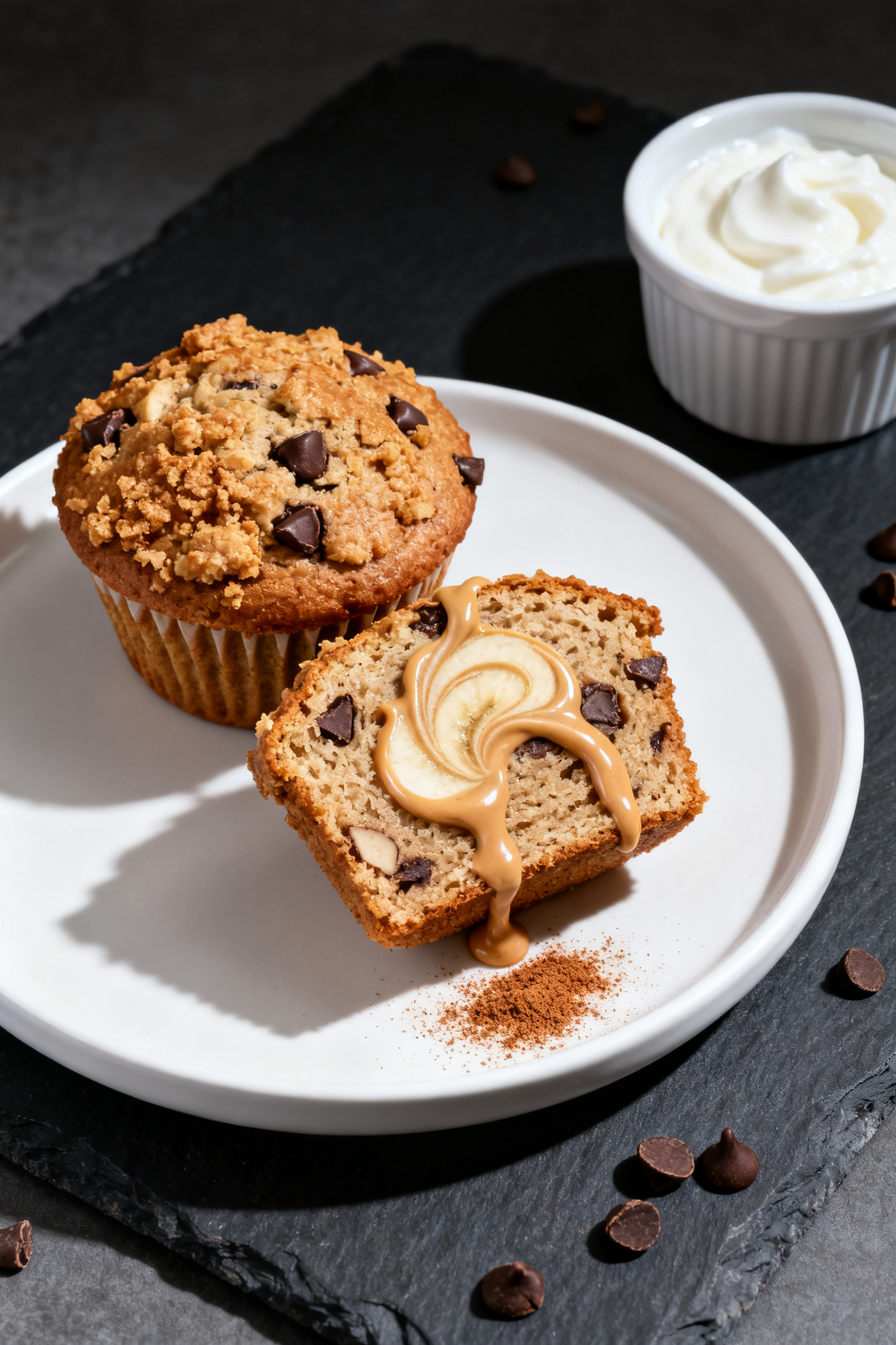 Final presentation: Restaurant-quality plating of two banana chocolate chip muffins on a matte white