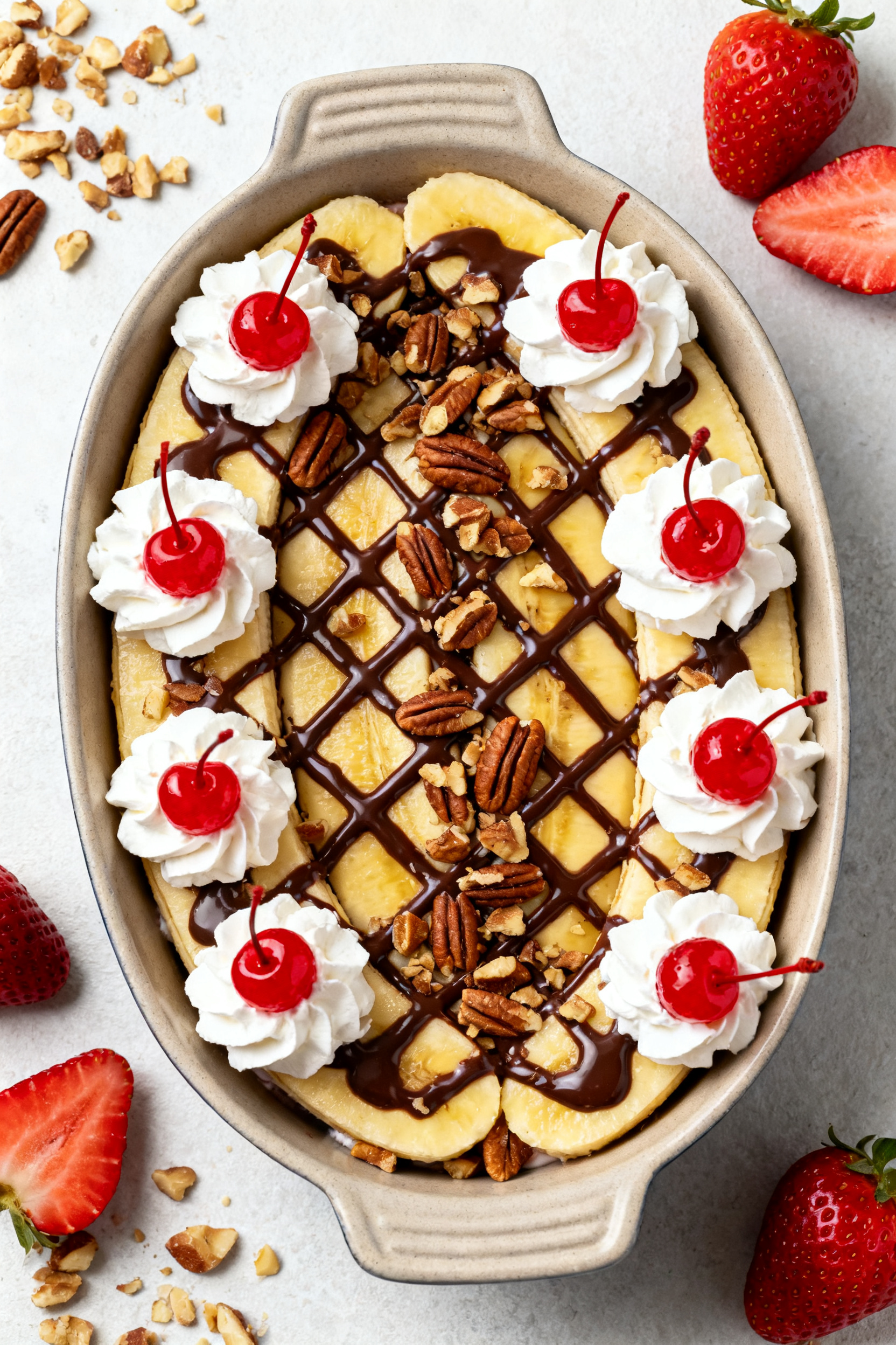 Final presentation: Restaurant-quality top view of the fully finished Banana Split Dessert in the pa