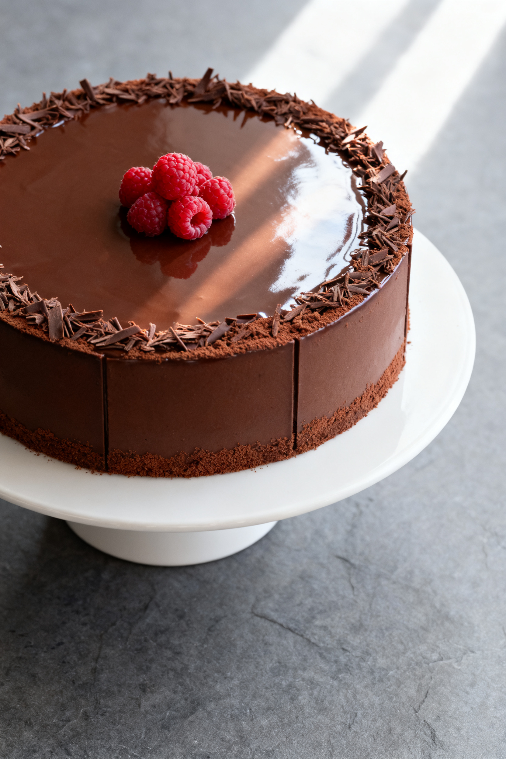Final presentation: Restaurant-quality whole chocolate truffle cake with straight sides and mirror-l