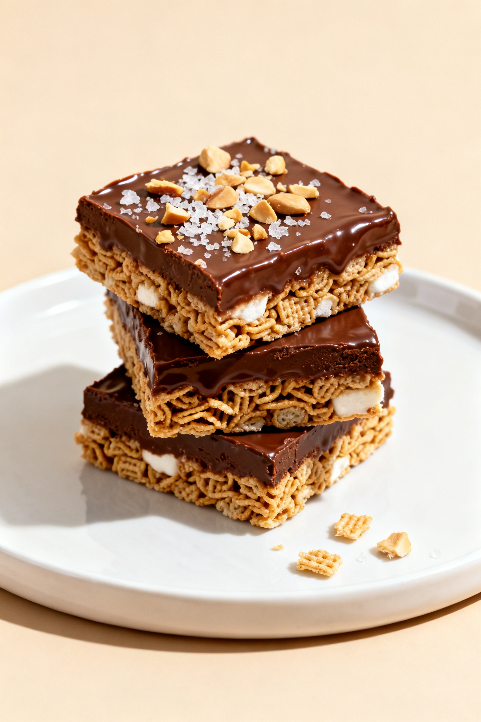 Final presentation shot: Neatly stacked squares of Marshmallow Crunch Bars on a matte white dessert 