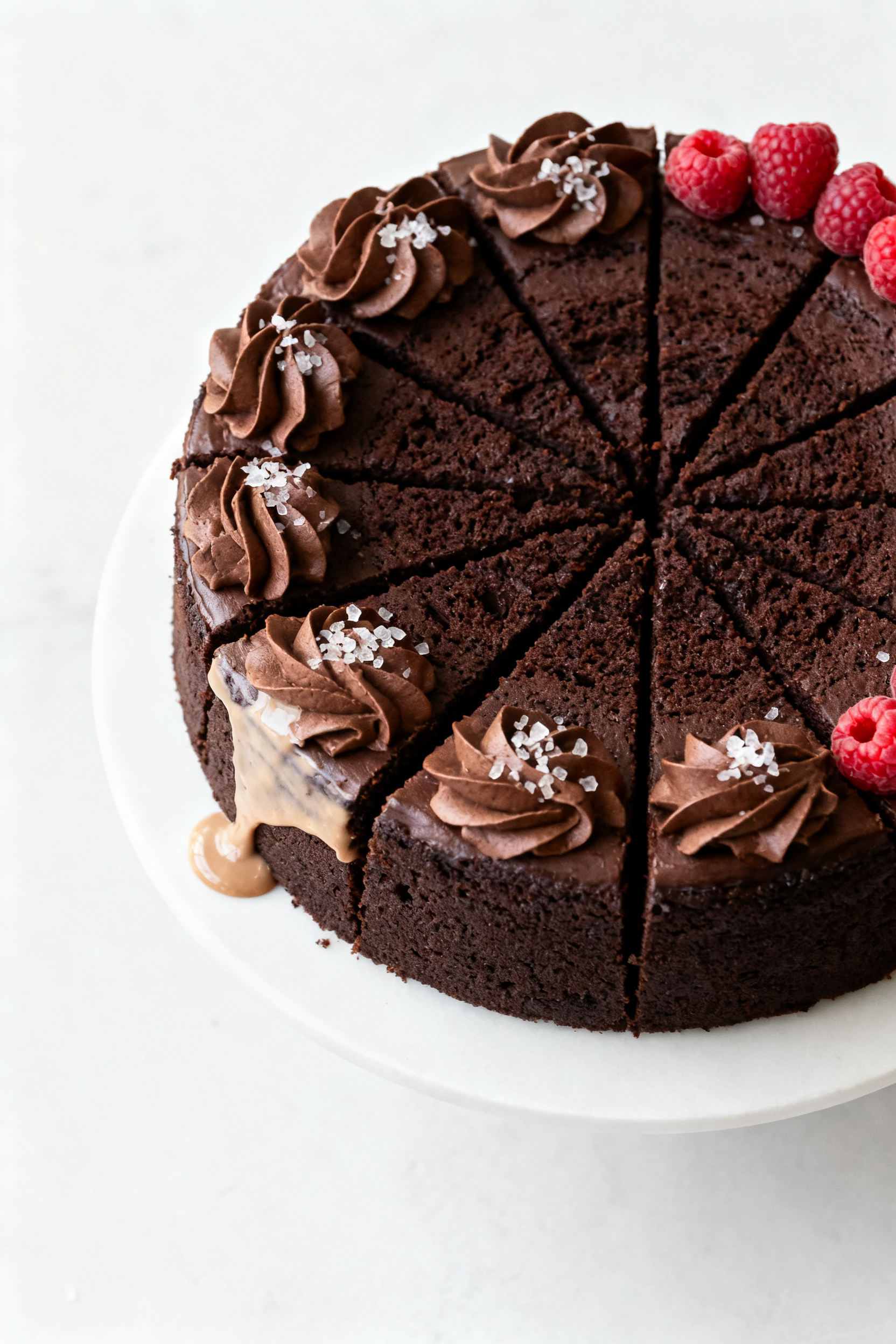 Final presentation, top view: Fully assembled dark chocolate cake on a simple white cake stand, top
