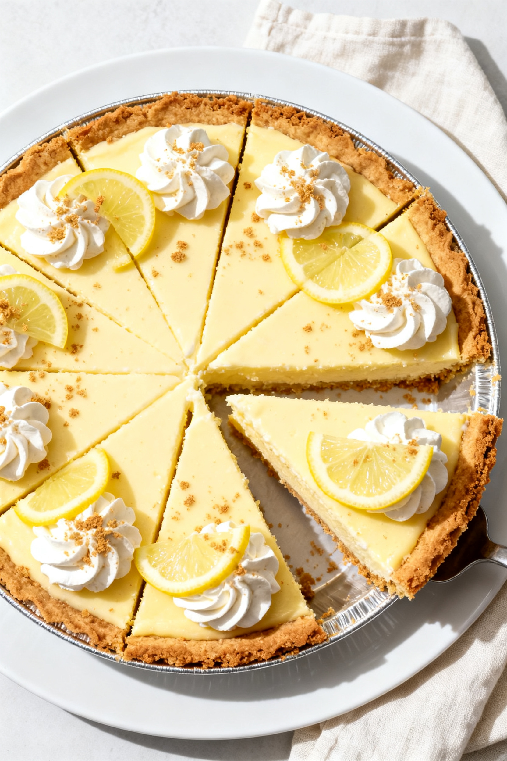 Final presentation, top view: Fully set Frozen Lemonade Pie in a 9-inch pie dish, neatly sliced with