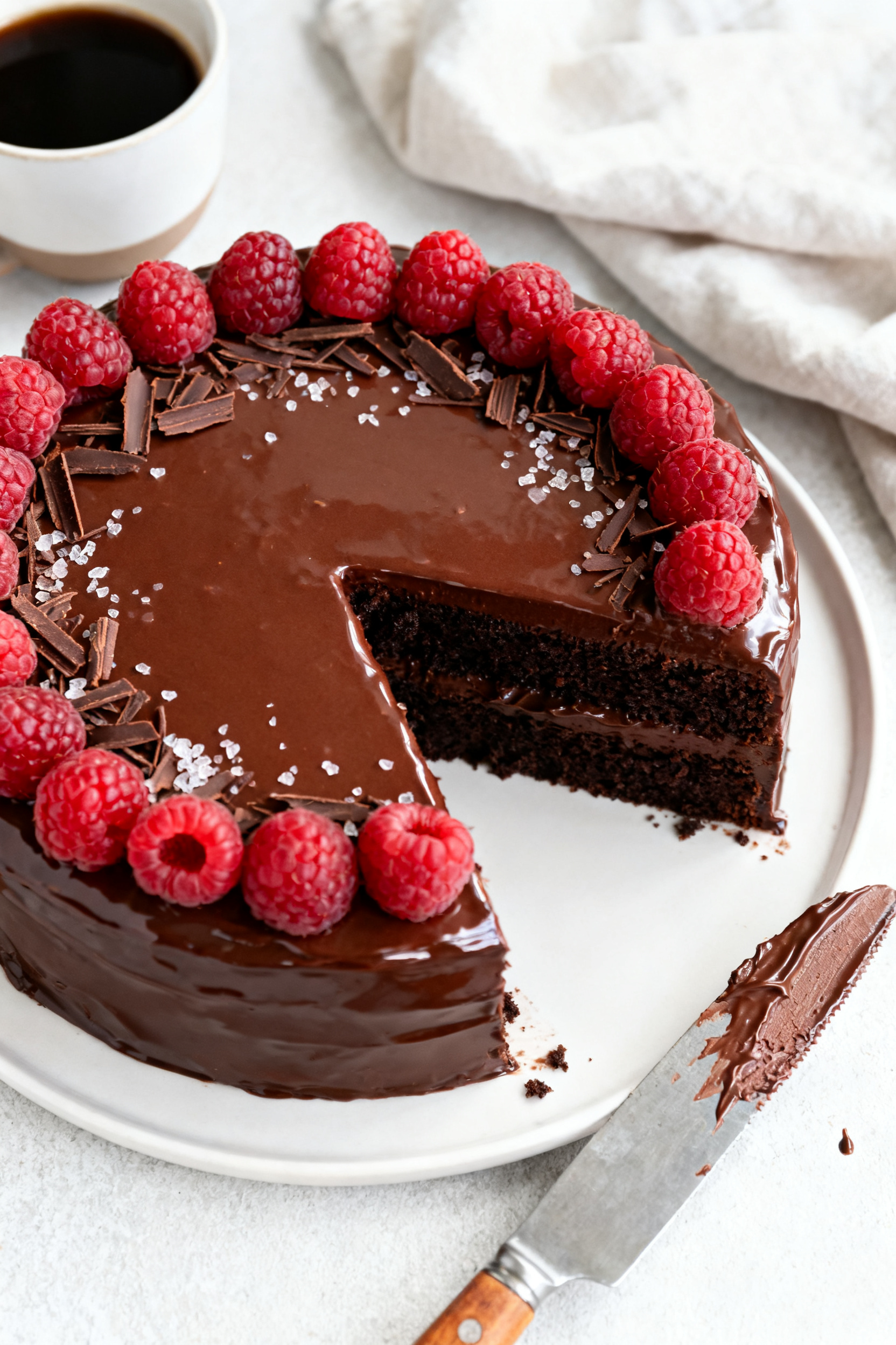 Final presentation top view: Tasty overhead shot of the finished chocolate ganache cake on a simple