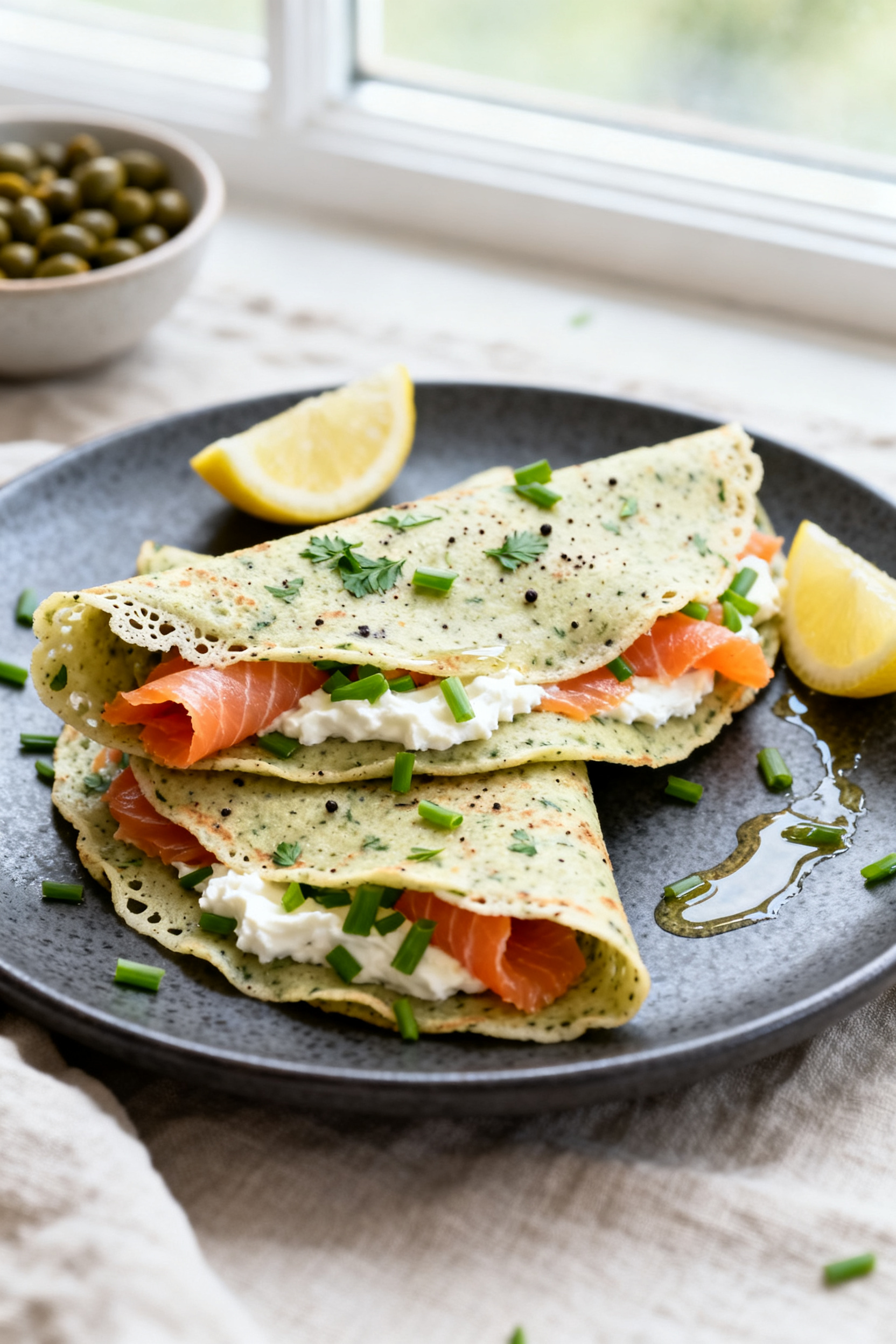 Final savory presentation: Savory herb protein crepes folded into quarters and layered on a matte ch
