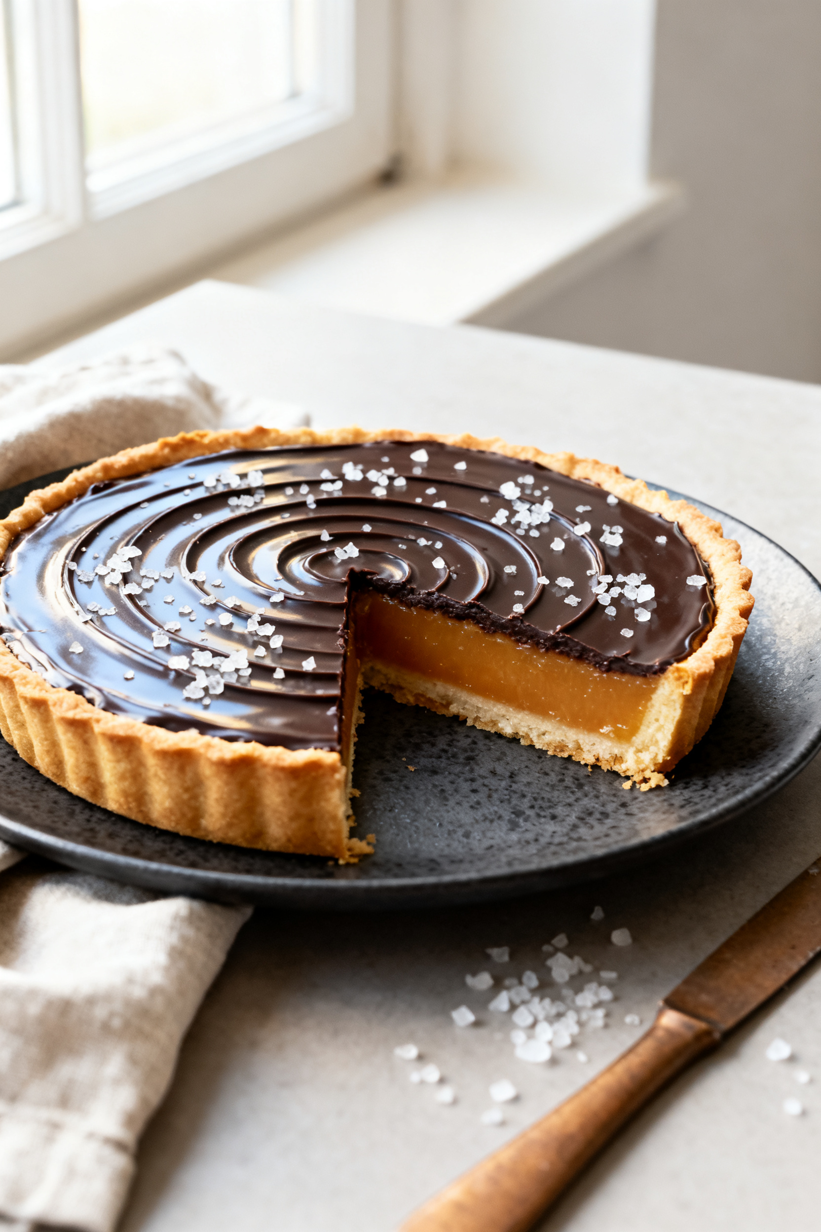 Final tart beauty shot: Salted caramel tart with thin dark chocolate ganache glaze set to a mirror-l