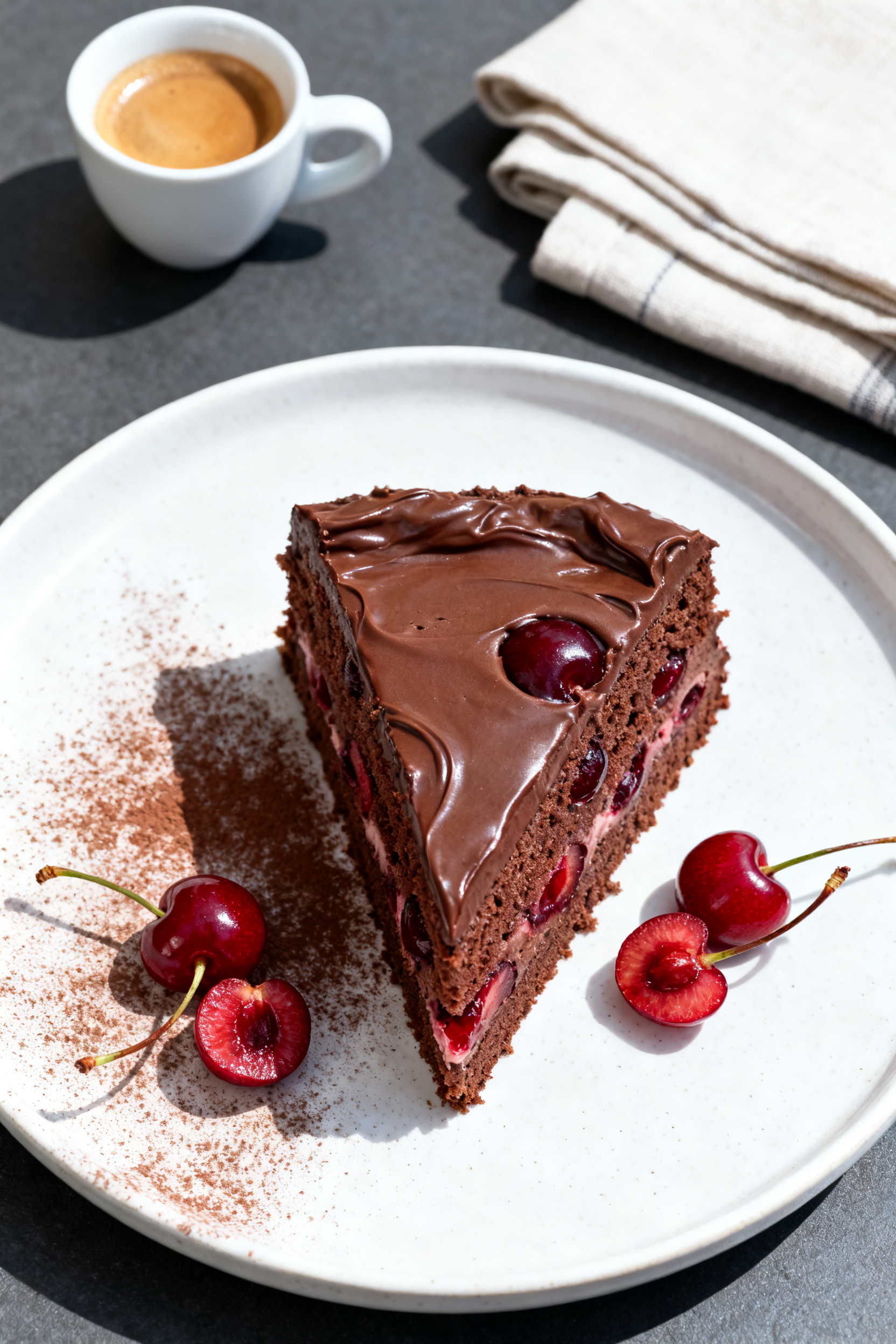 Overhead plated slice, café style: Top-down shot of a single slice of chocolate cherry cake on a wh