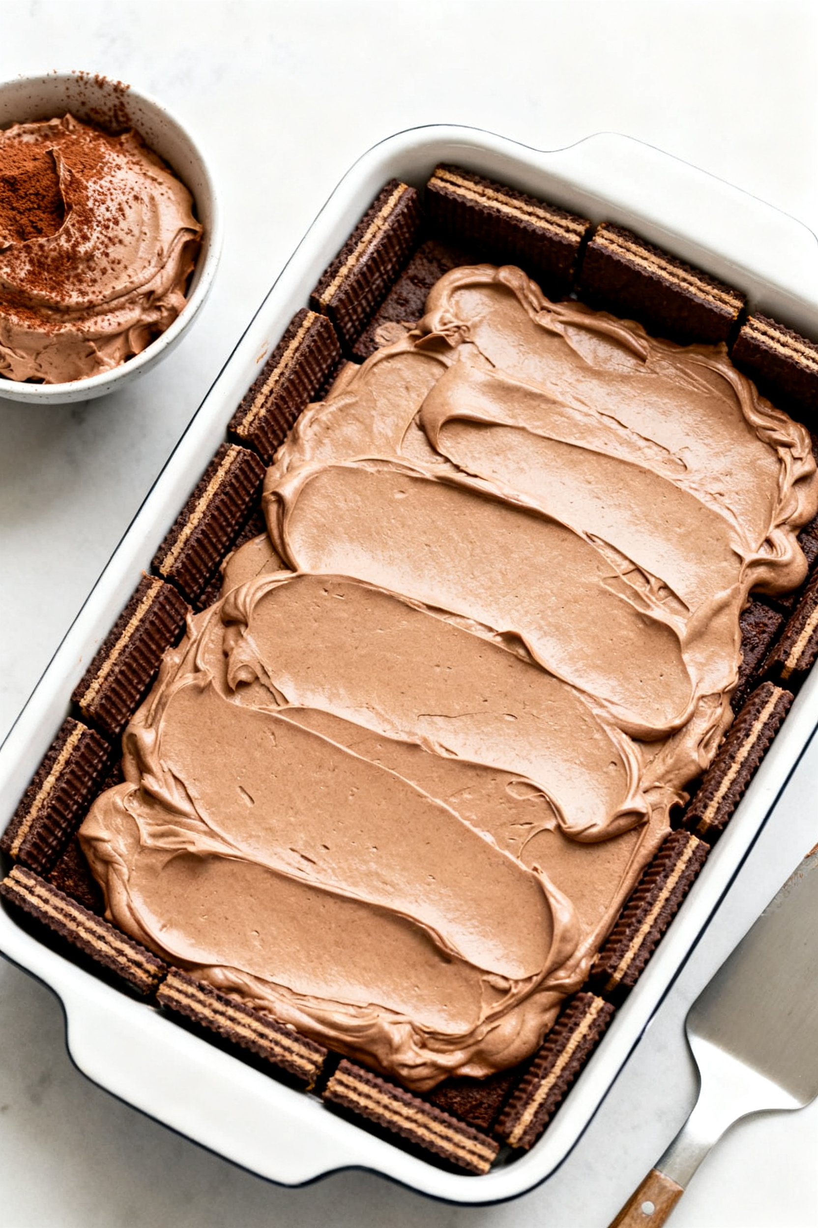 Overhead process shot of the cake mid-assembly in a 9x13-inch dish: neat single layer of chocolate w
