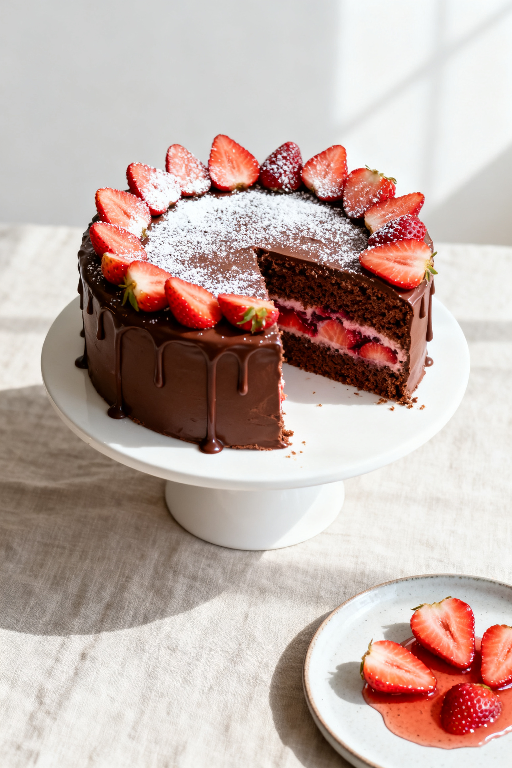 Overhead shot of the finished Chocolate Strawberry Cake on a simple white cake stand: smooth ganache