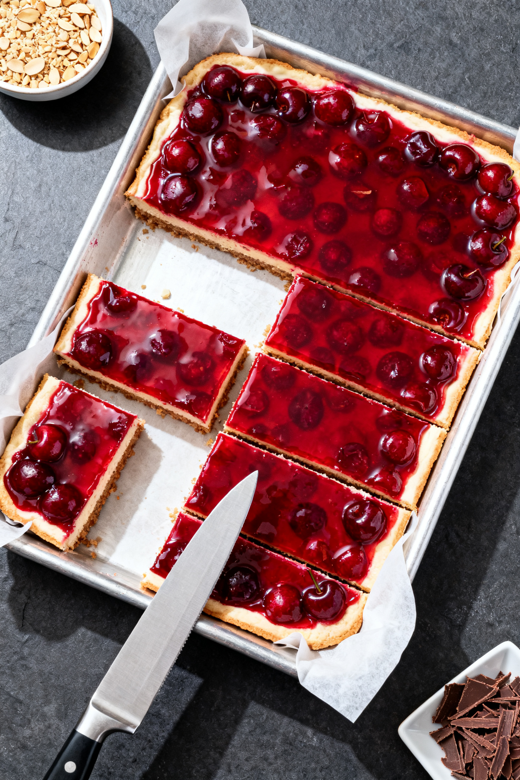 Overhead “tasty top view”: A 9x13 pan of fully set Cherry Delight Dessert just before serving, c