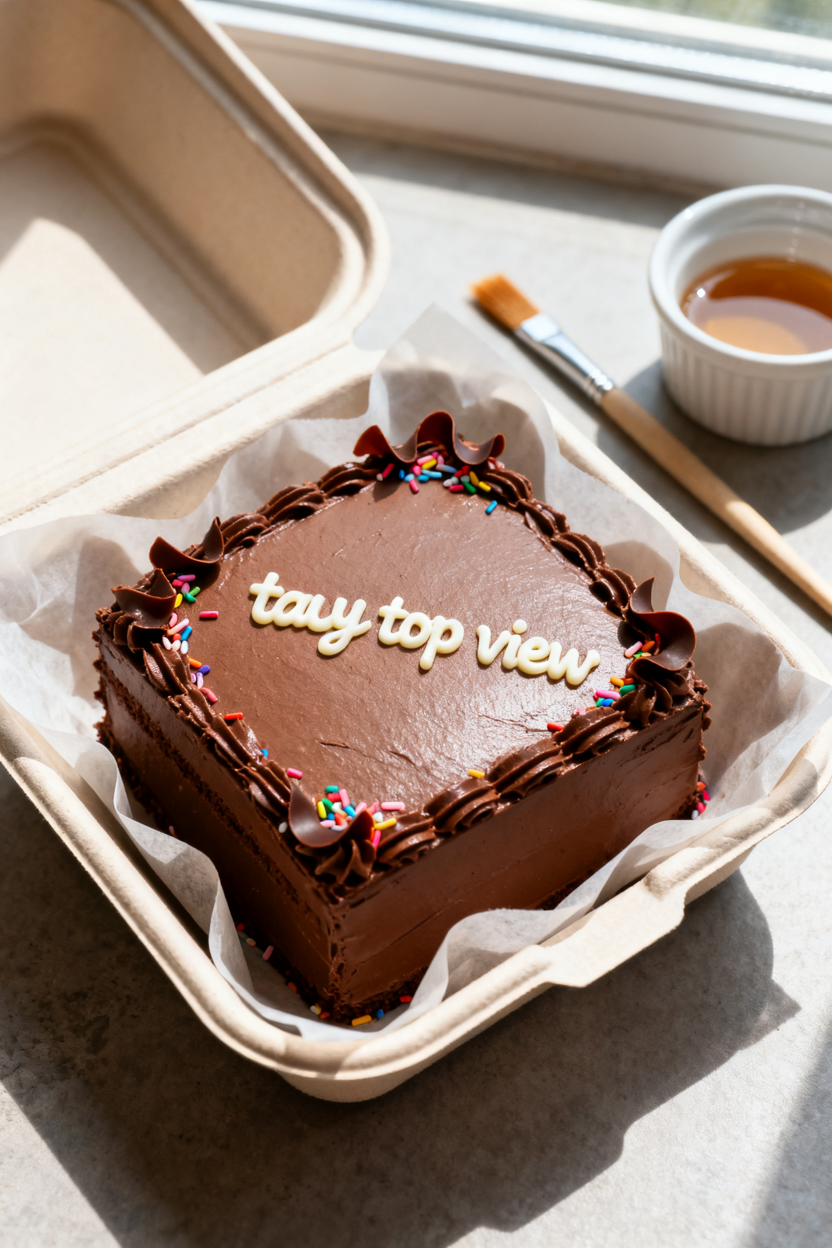 Overhead “tasty top view”: Fully finished 4–5 inch chocolate bento cake nestled inside a parch