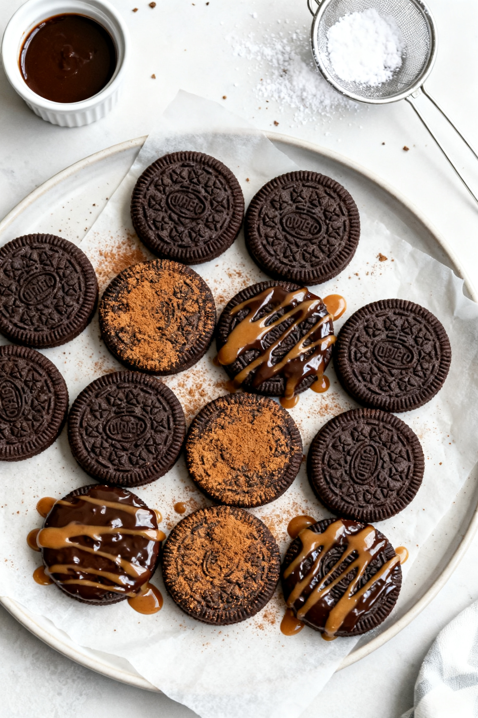 Overhead “tasty top view” of a platter of Air Fryer Oreo Cookies arranged in a loose grid on par