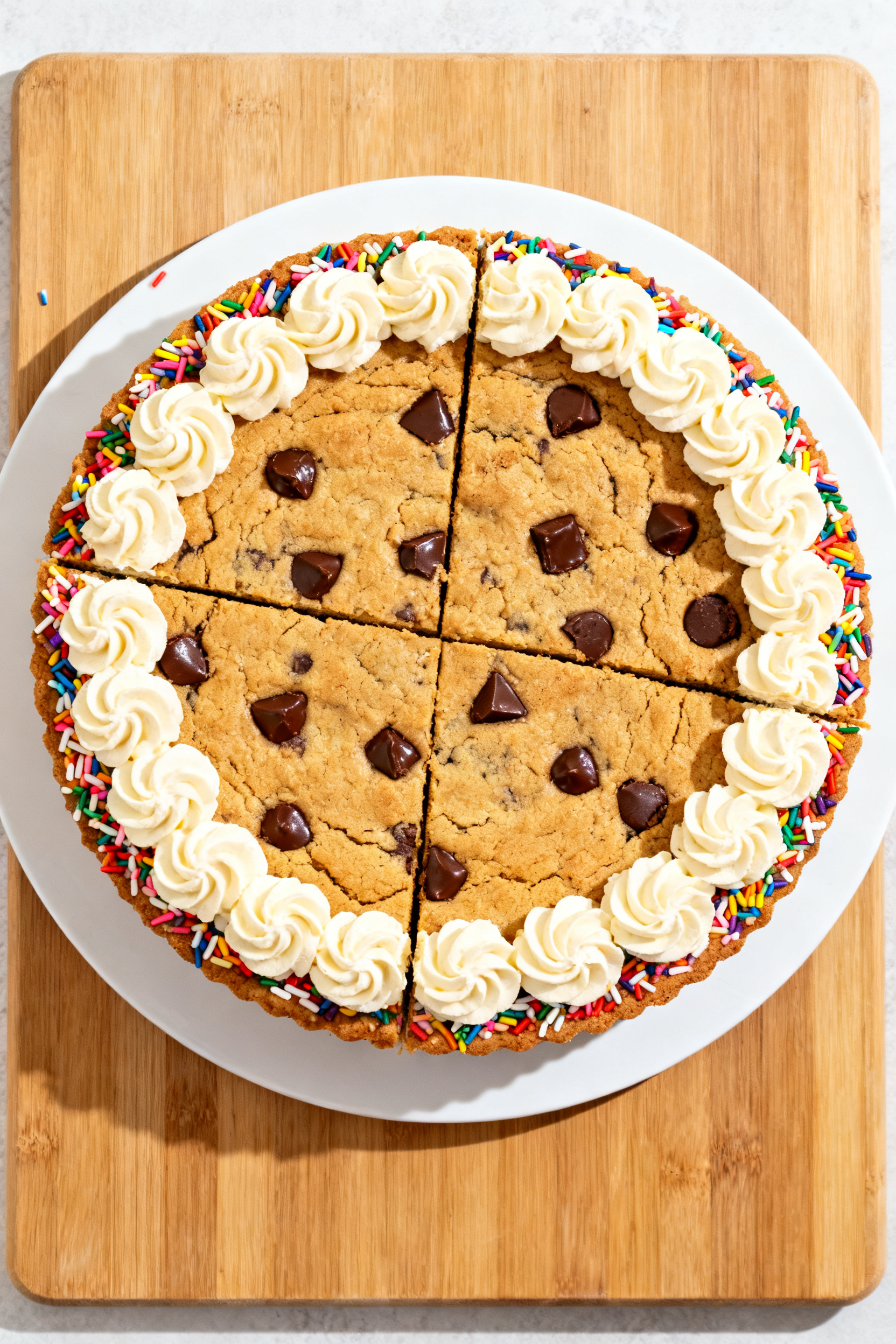 Overhead “tasty top view” of the cookie cake decorated for a birthday: a clean, even border of p