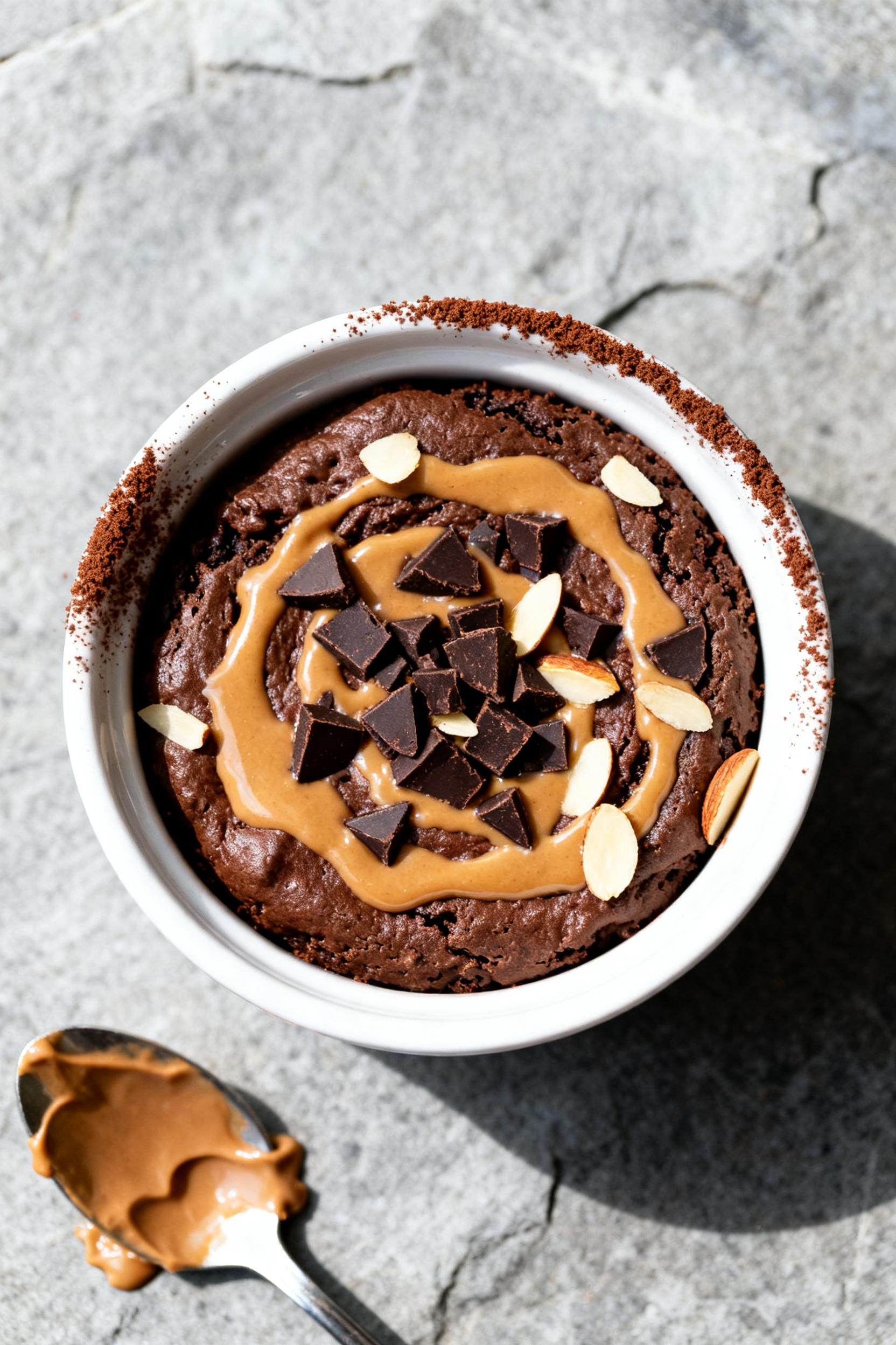 Overhead “tasty top view” of the final plated Protein Chocolate Brownie Batter served in a low w
