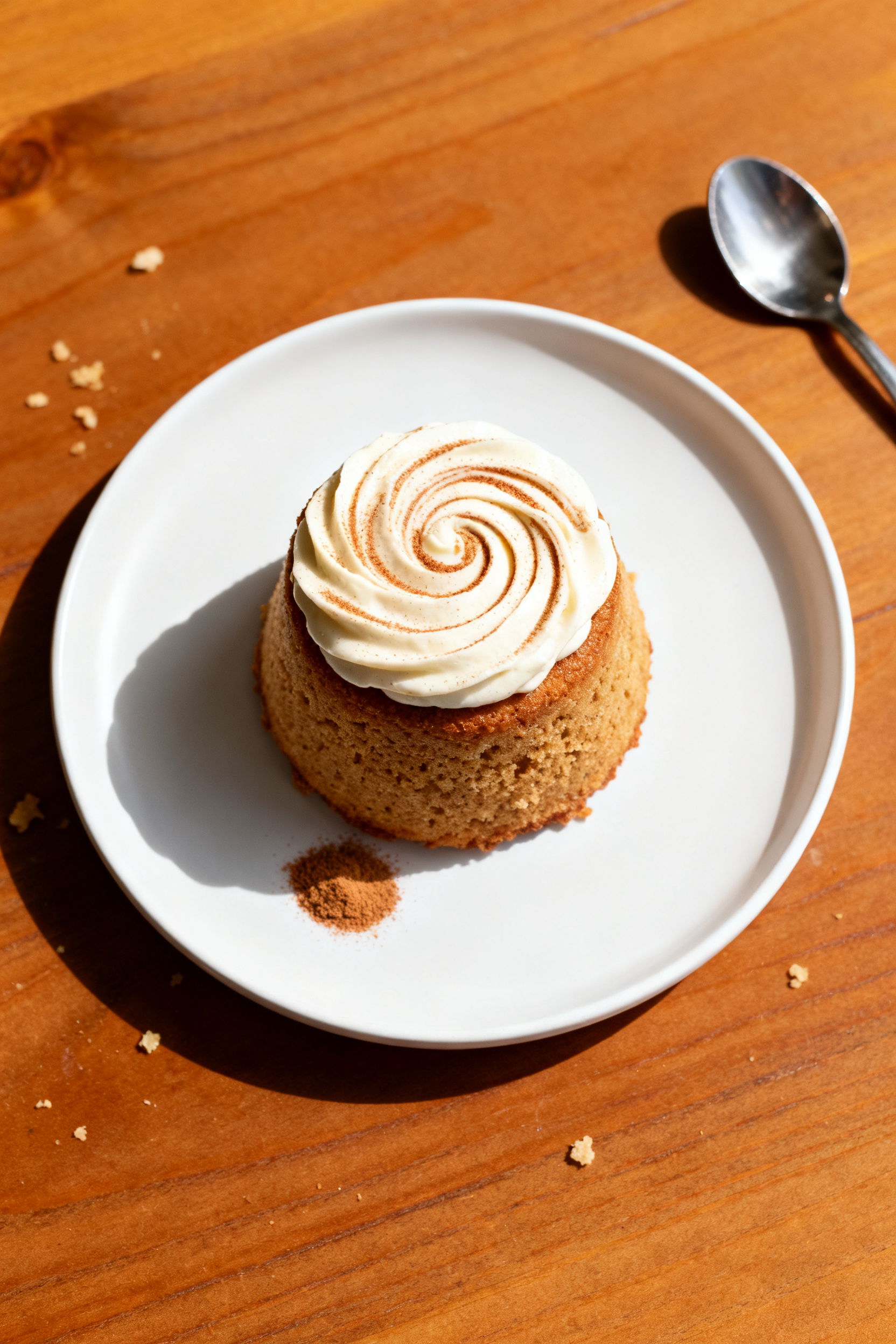 Overhead “tasty top view” of the final plated keto cinnamon mug cake inverted onto a matte white