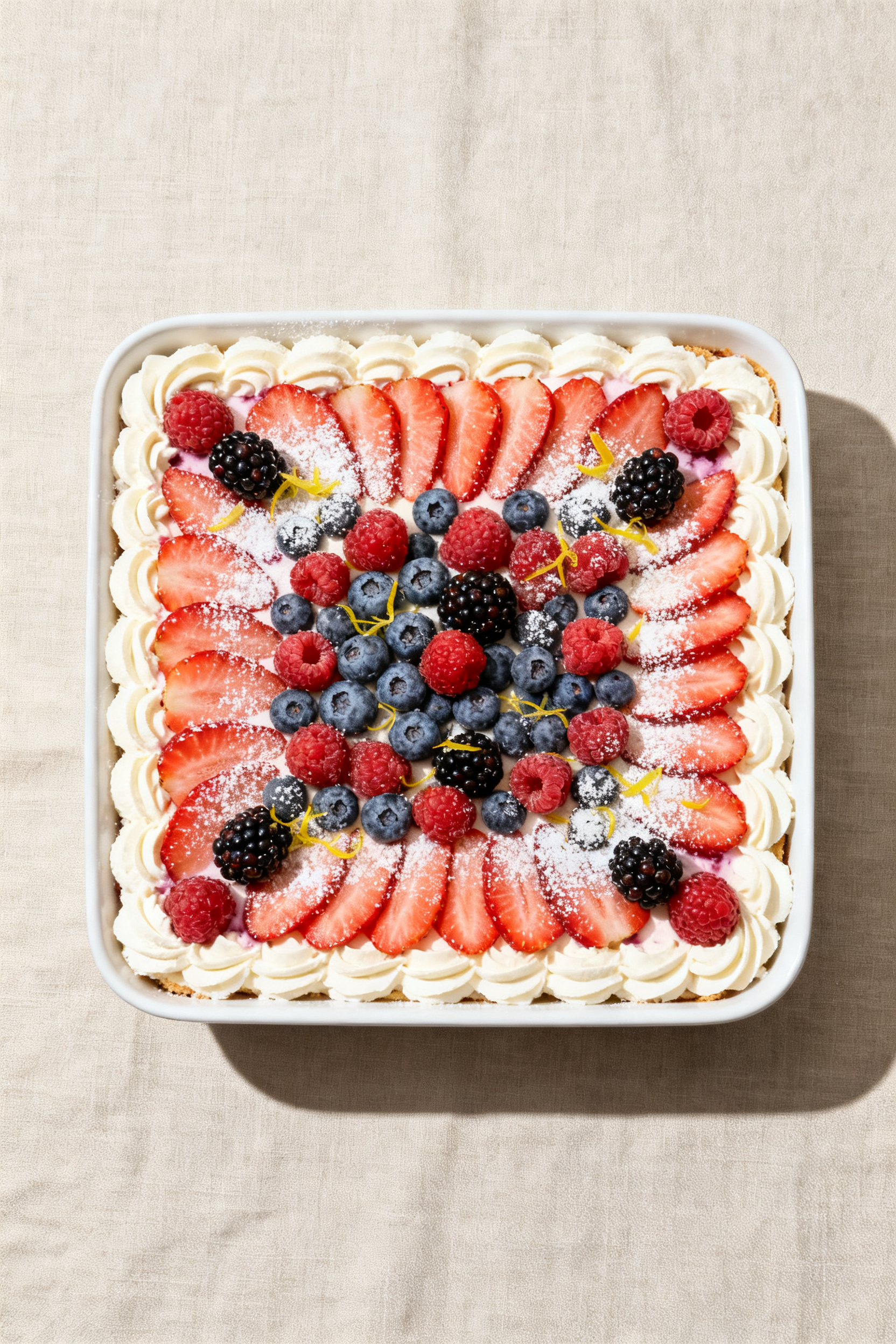 Overhead “tasty top view” of the full 8x8 dish of finished Mixed Berry Icebox Cake before servin