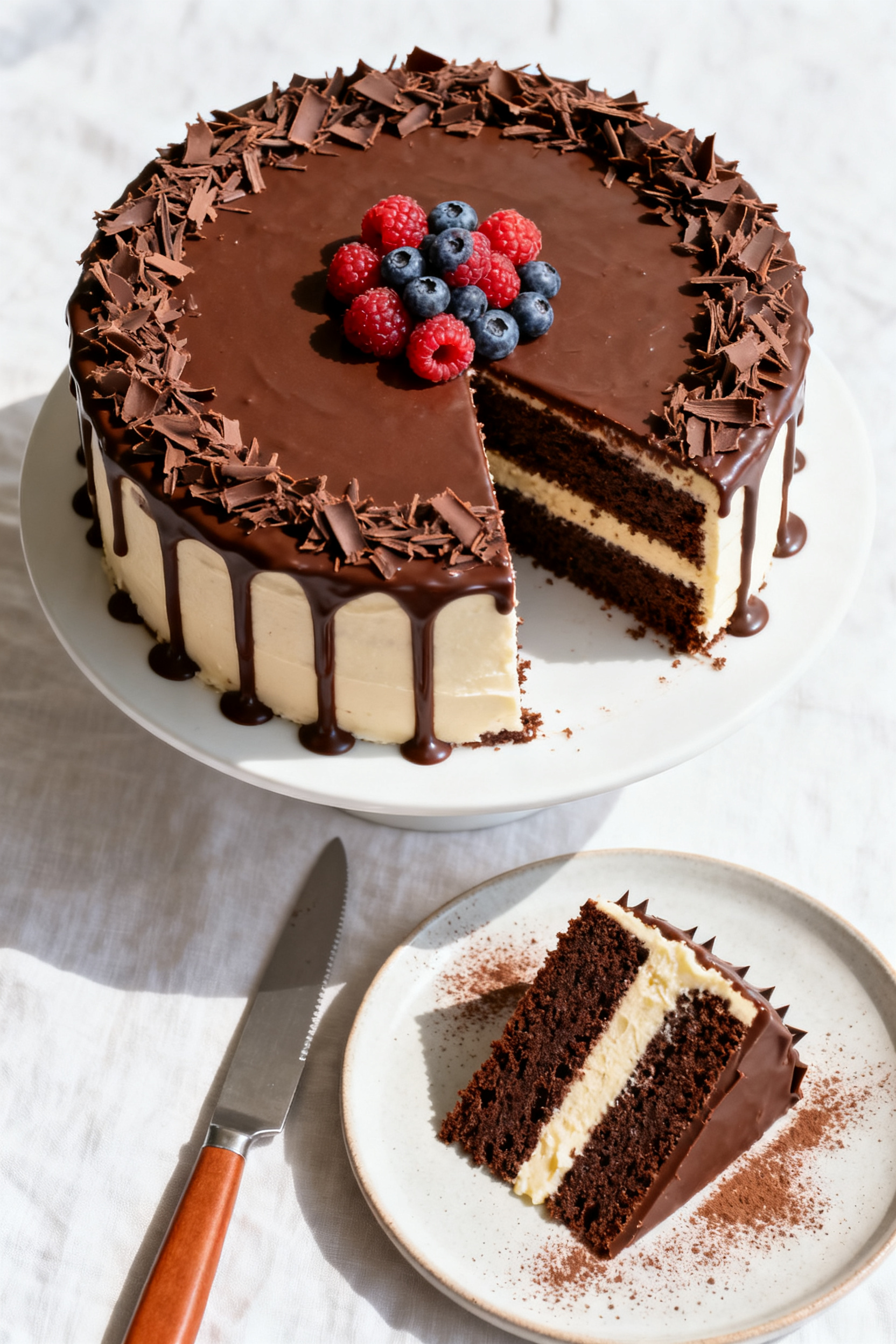 Overhead “tasty top view” of the fully assembled chocolate drip cake on a simple white cake stan