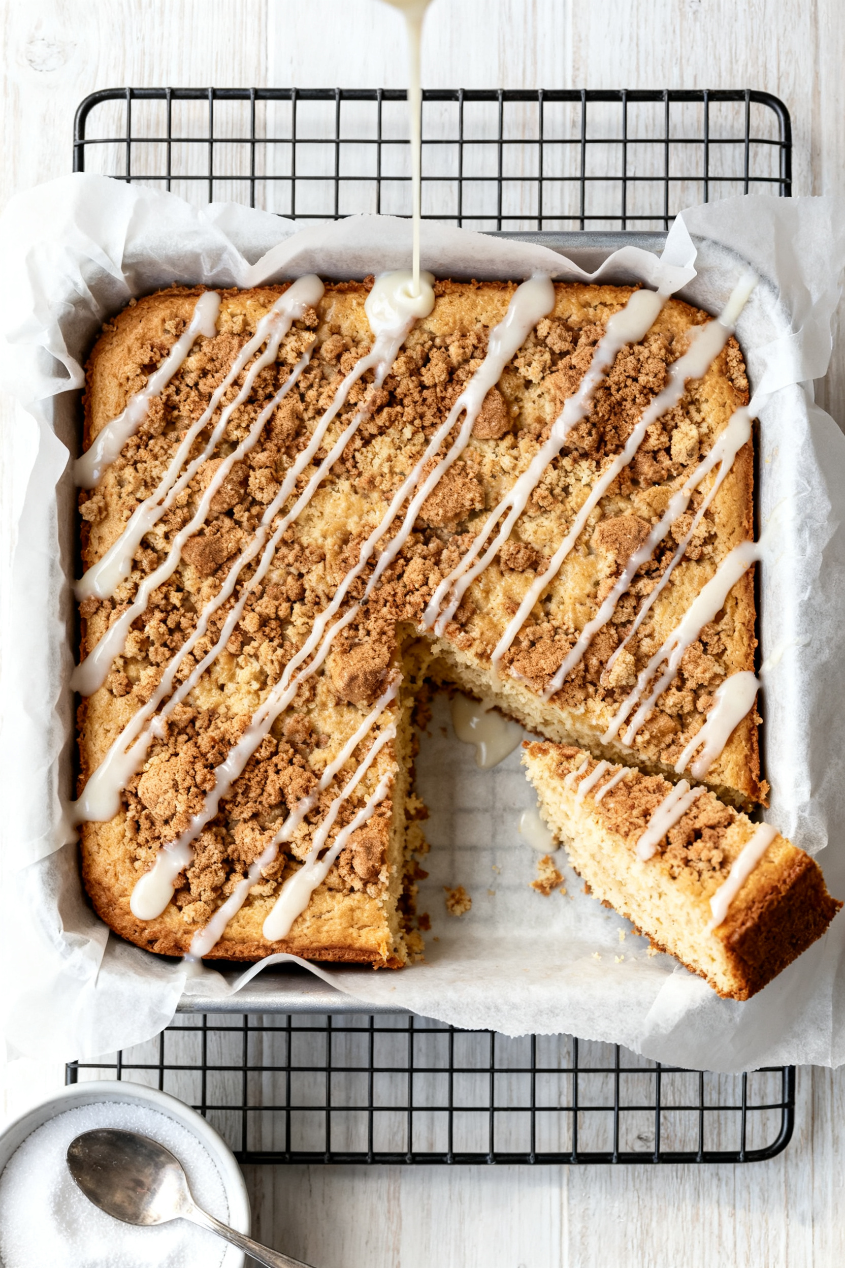 Overhead “tasty top view” process shot: The baked keto coffee cake resting on parchment lifted f