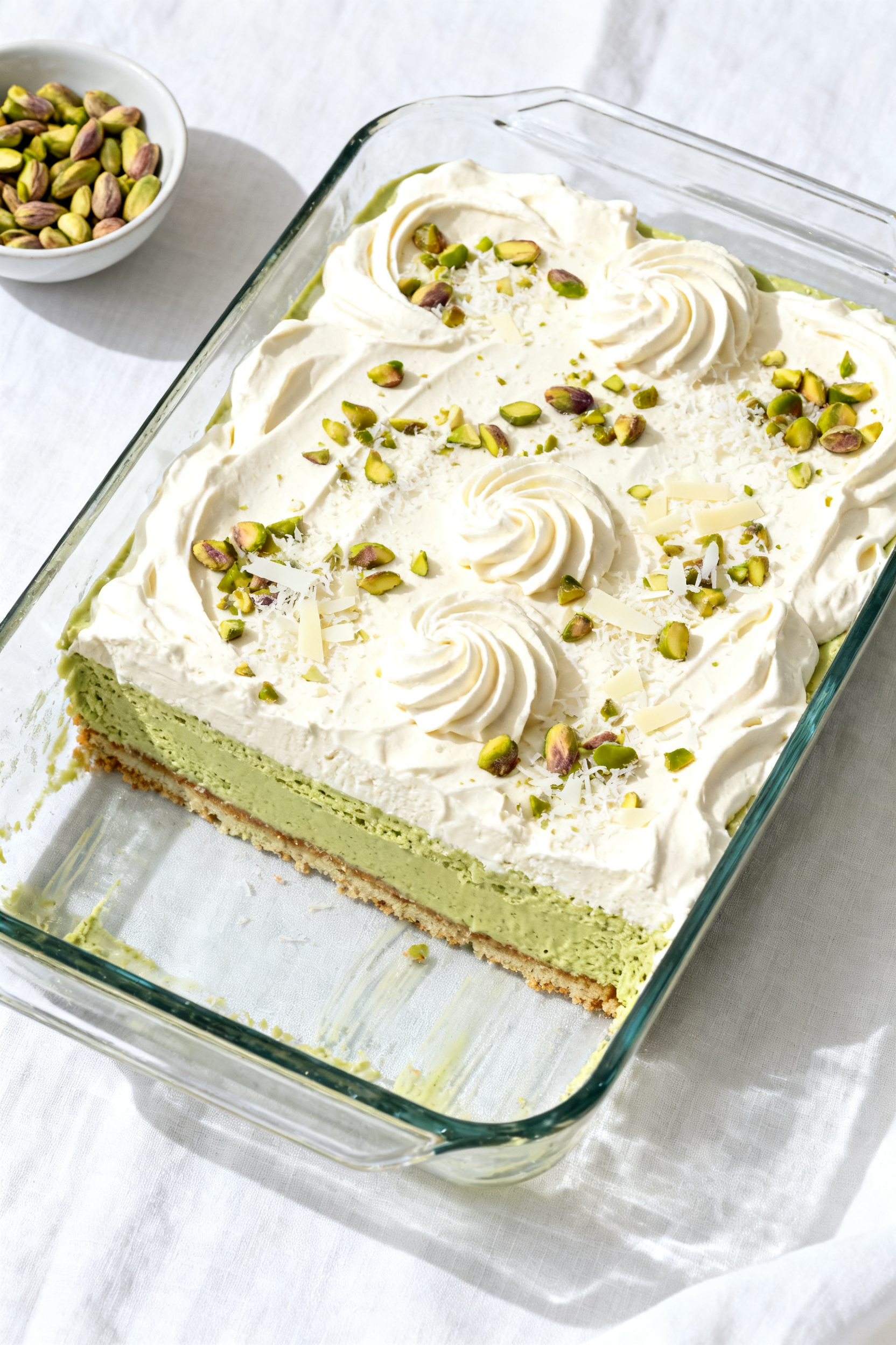 Overhead “tasty top view”: The full Pistachio Pudding Dessert in a glass 9x13 pan after chilling
