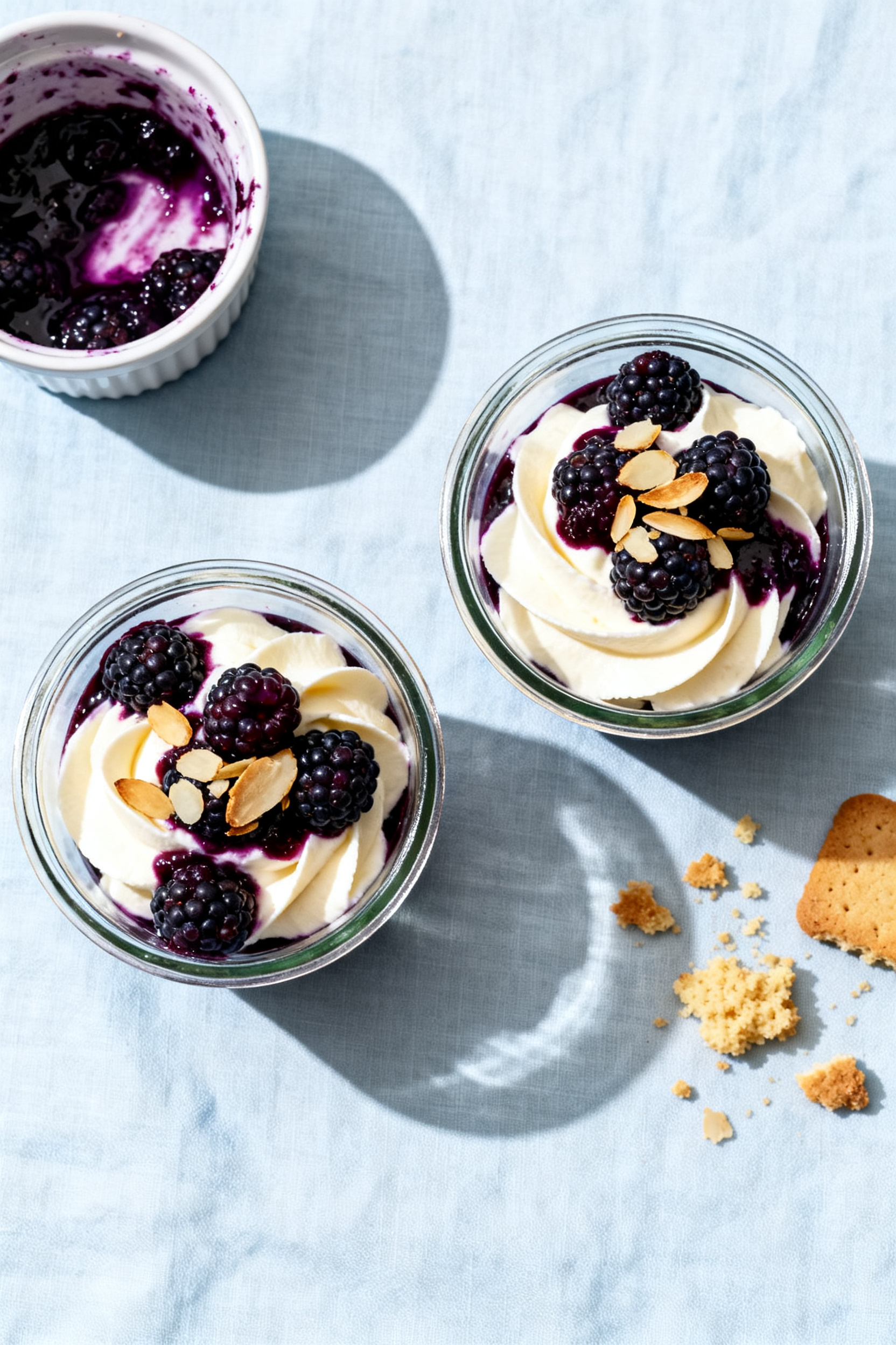 Overhead “tasty top view”: Two servings of Blackberry Fool in small glass bowls, visible ribbons