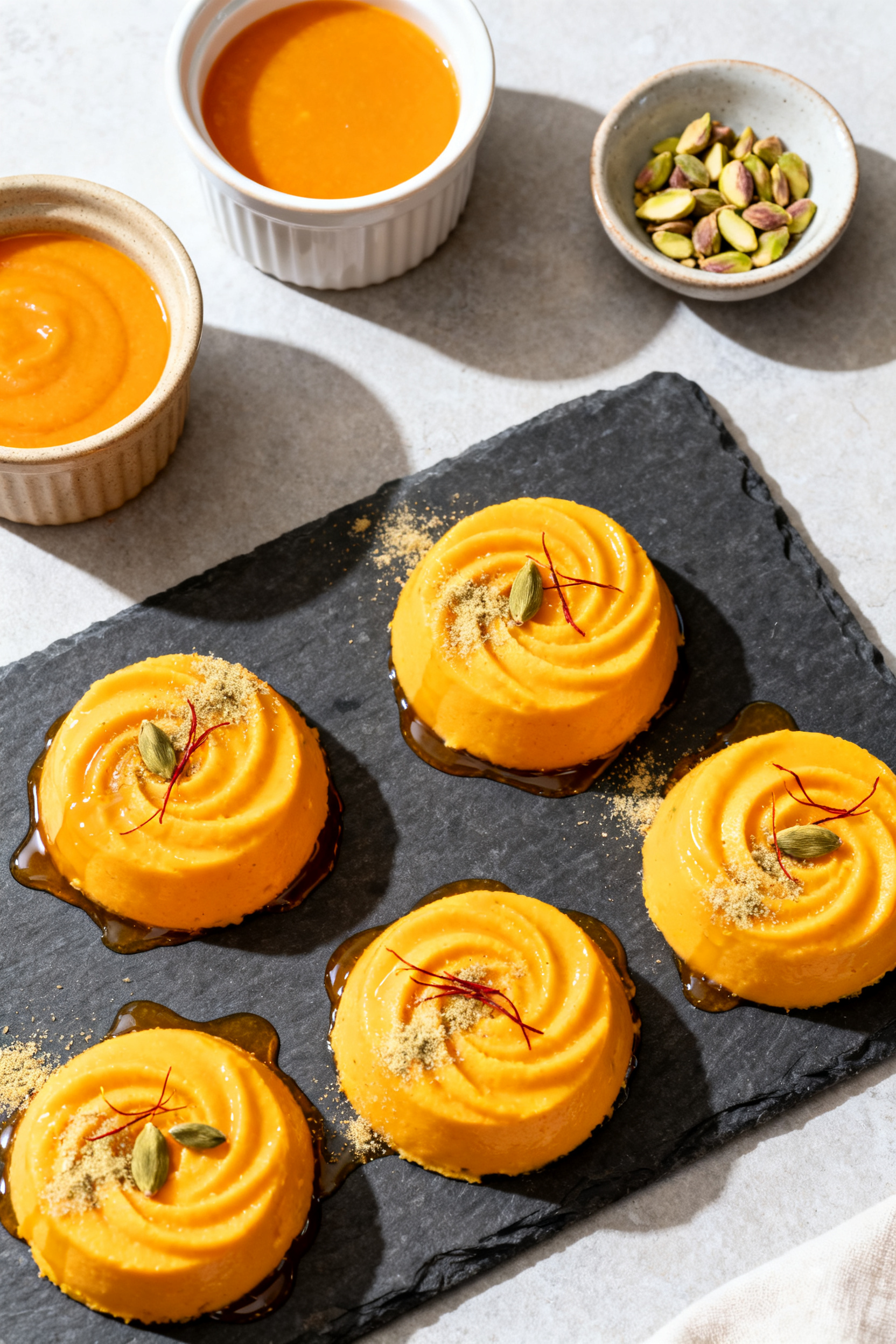Overhead top-down shot of chilled mango mousse portions arranged on a slate board: smooth, set mouss