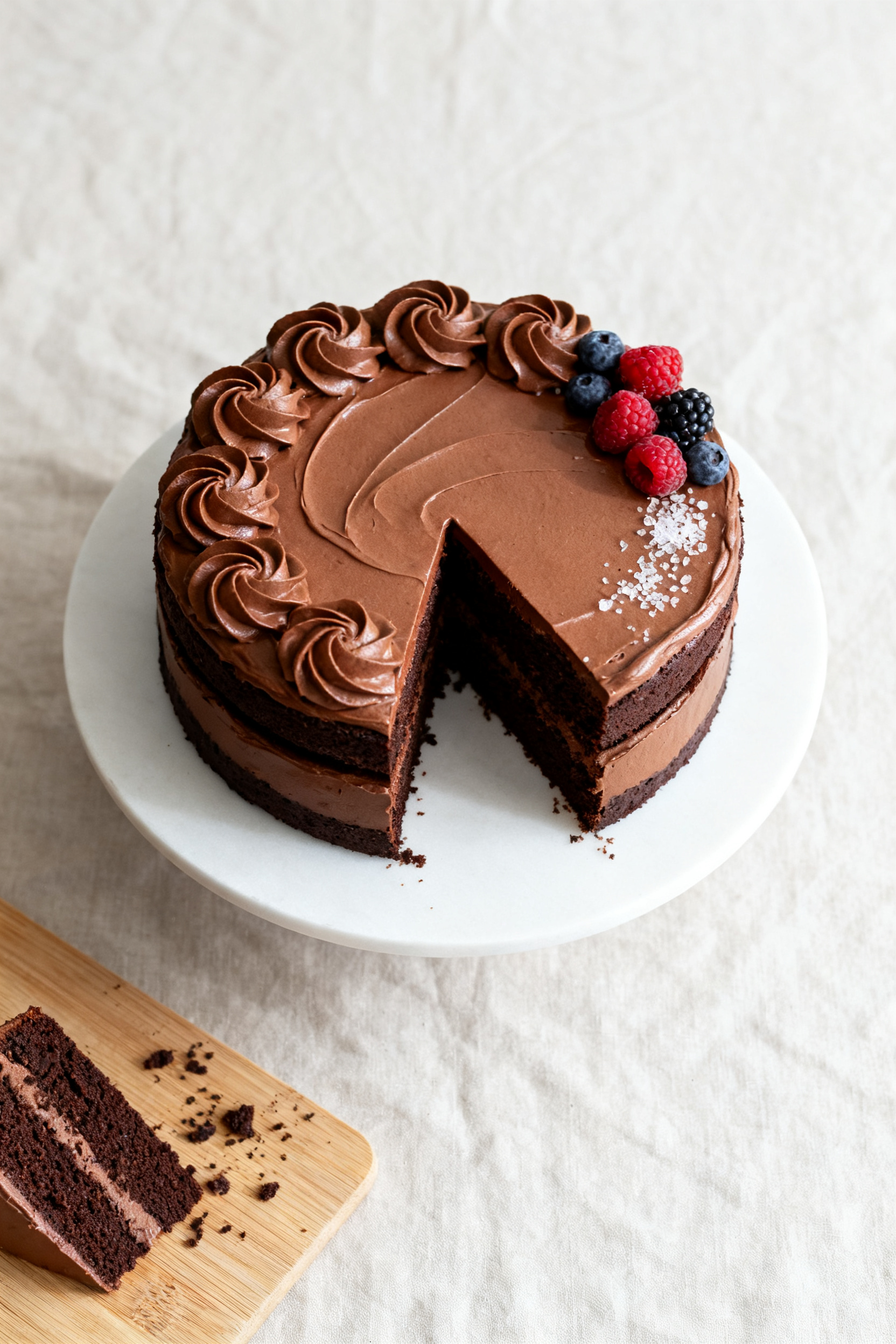 Overhead top-down shot of the fully assembled two-layer chocolate fudge cake on a simple white cake