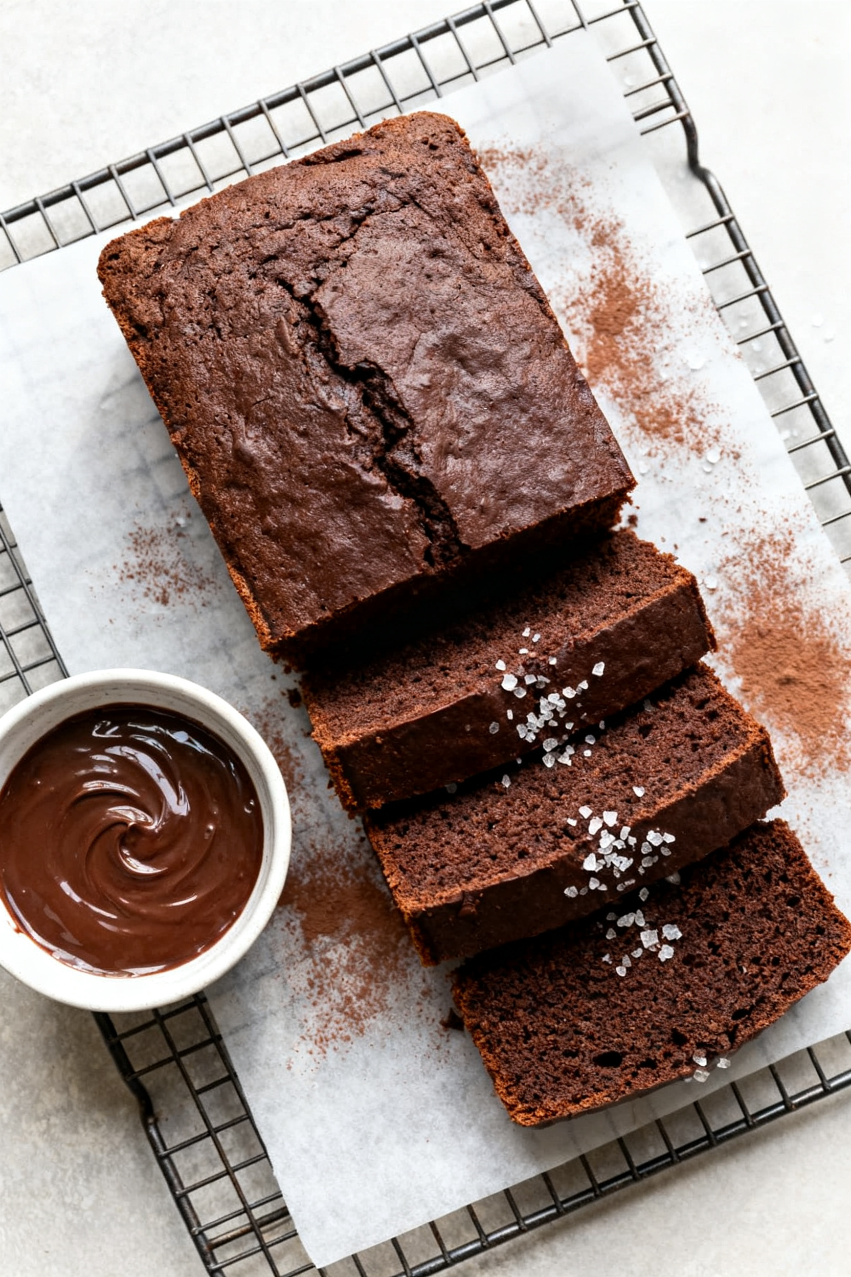 Overhead top-view shot of the fully cooled chocolate pound cake in a 9x5 loaf shape, neatly sliced i