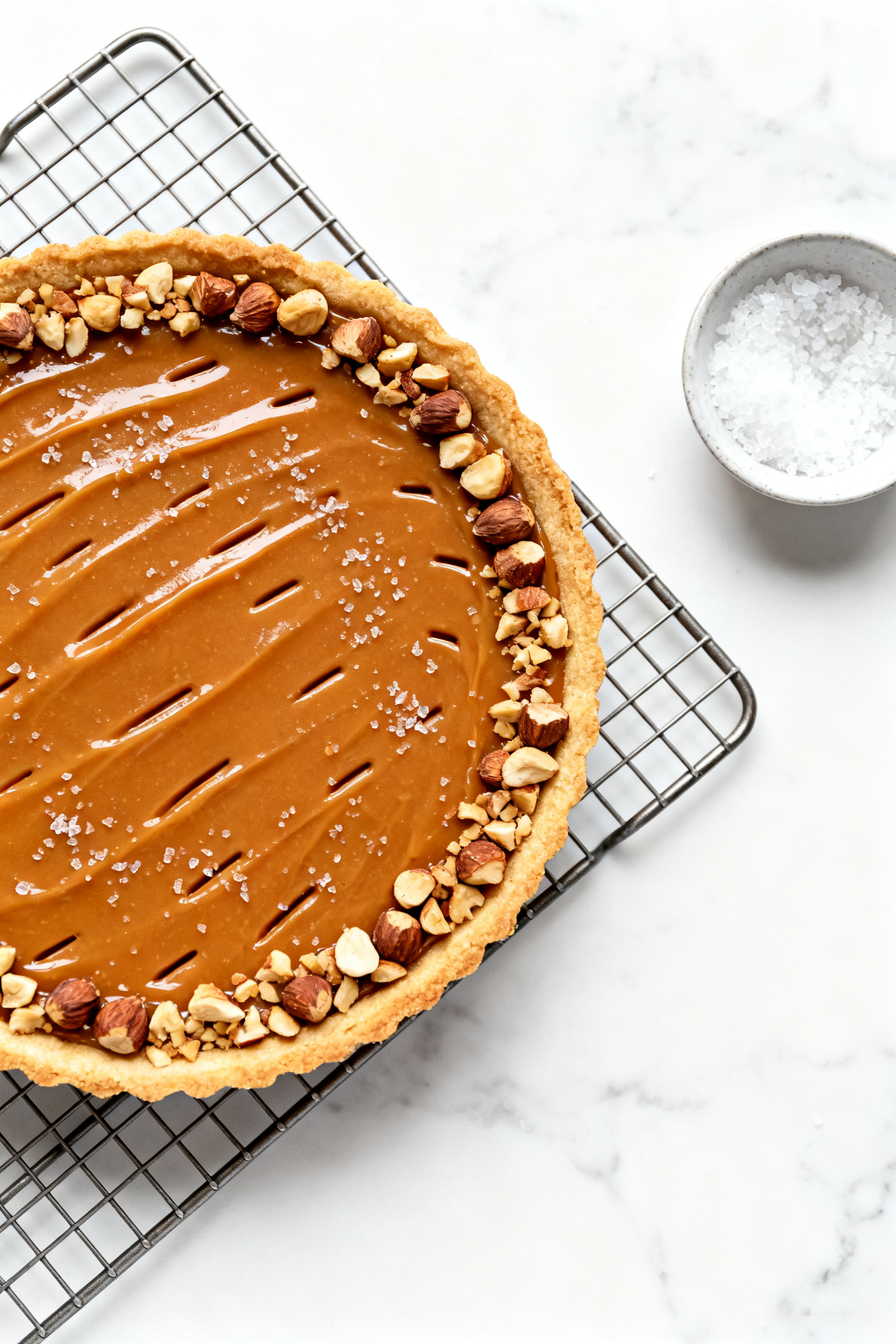 Overhead top view: Whole salted caramel tart without ganache—glossy caramel surface with micro-rip