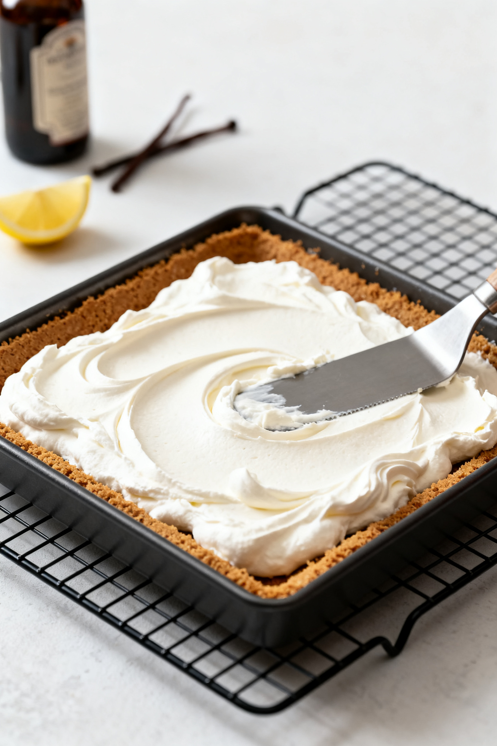 Process-focused presentation: The cream cheese layer being smoothed over a well-chilled graham crack