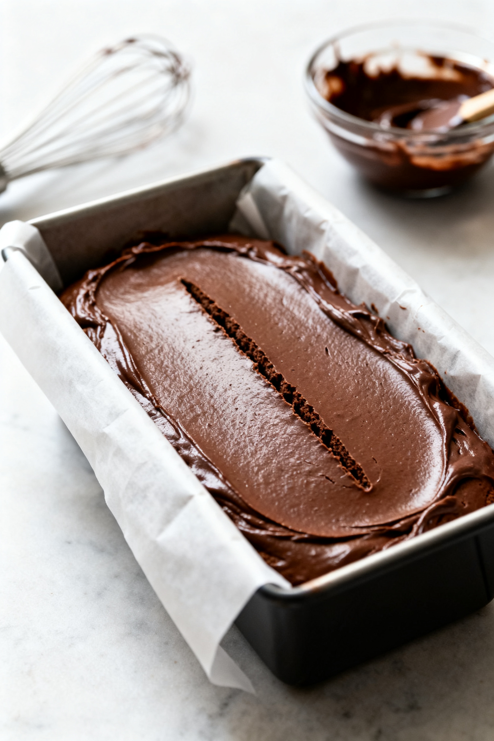 Process-focused three-quarter angle of the thick, satin-smooth batter being spread evenly into a pre