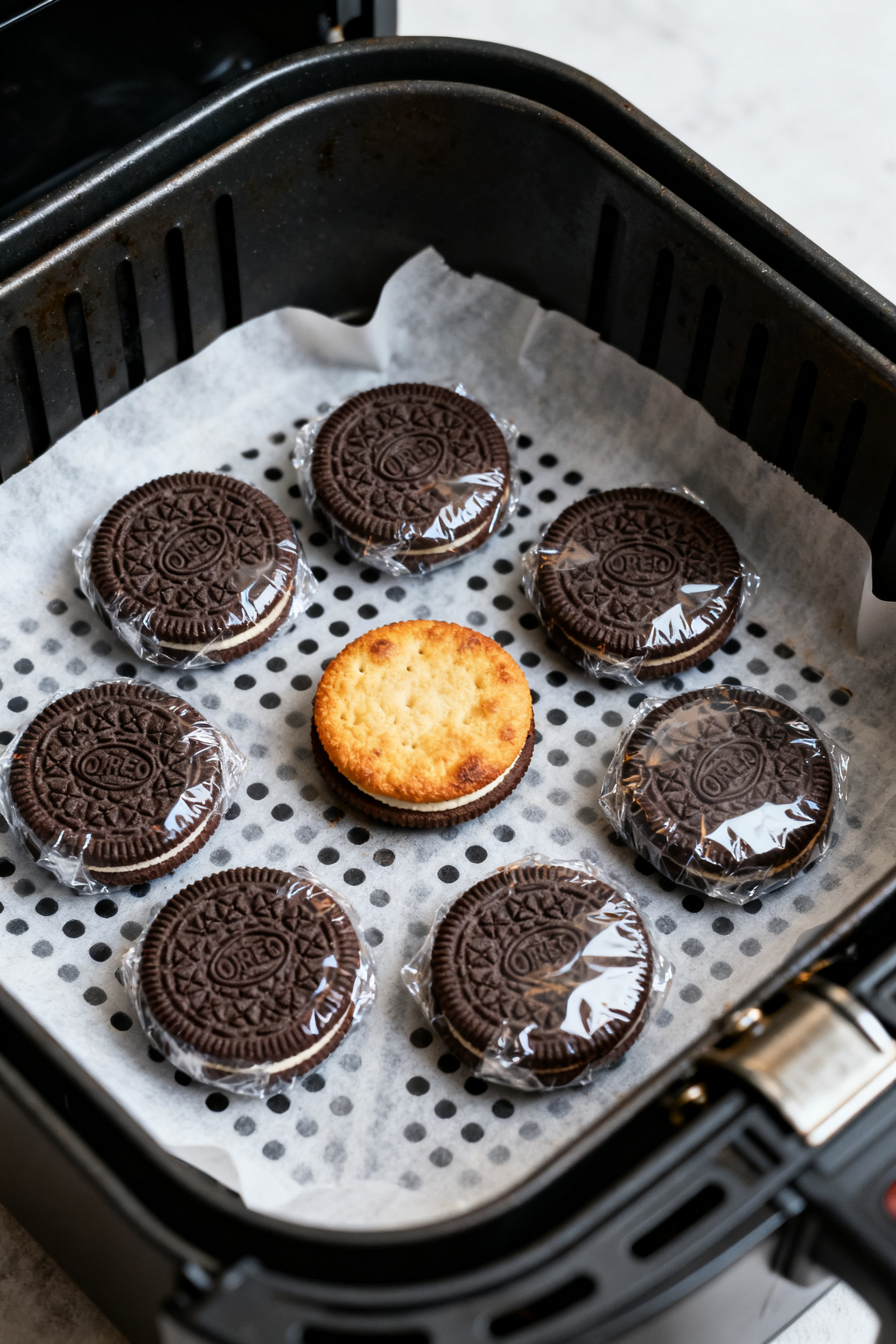 Process-in-action shot of wrapped Oreos spaced in a single layer inside an air fryer basket lined wi