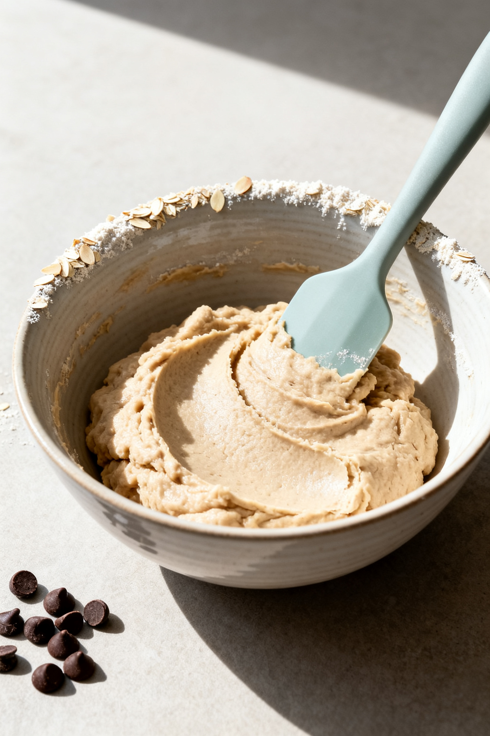 Process-in-bowl scene: The mixing stage where the dough has just come together to a soft, cohesive m