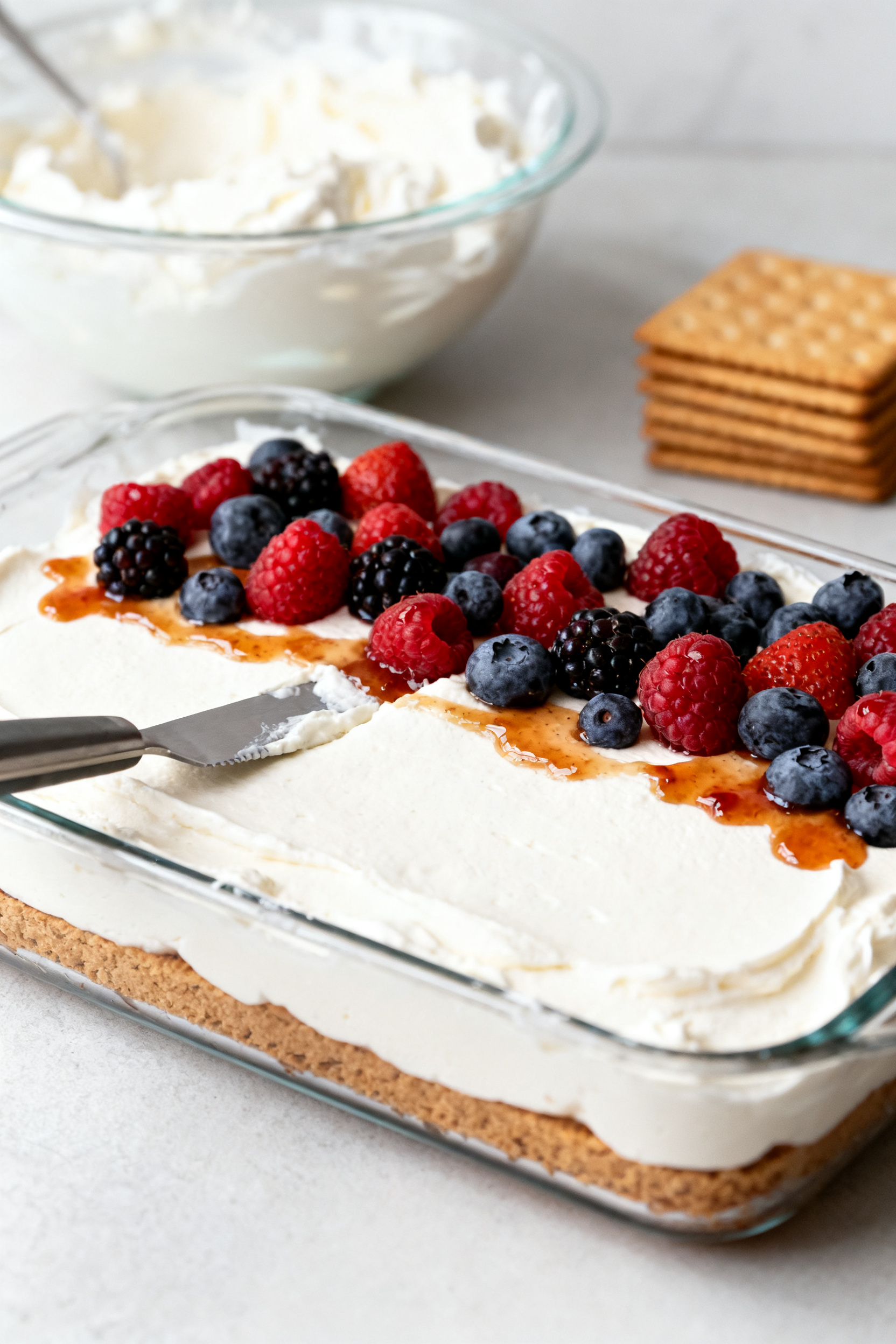 Process shot: Assembled mid-layering scene of the prepared icebox cake in the dish—second cream la