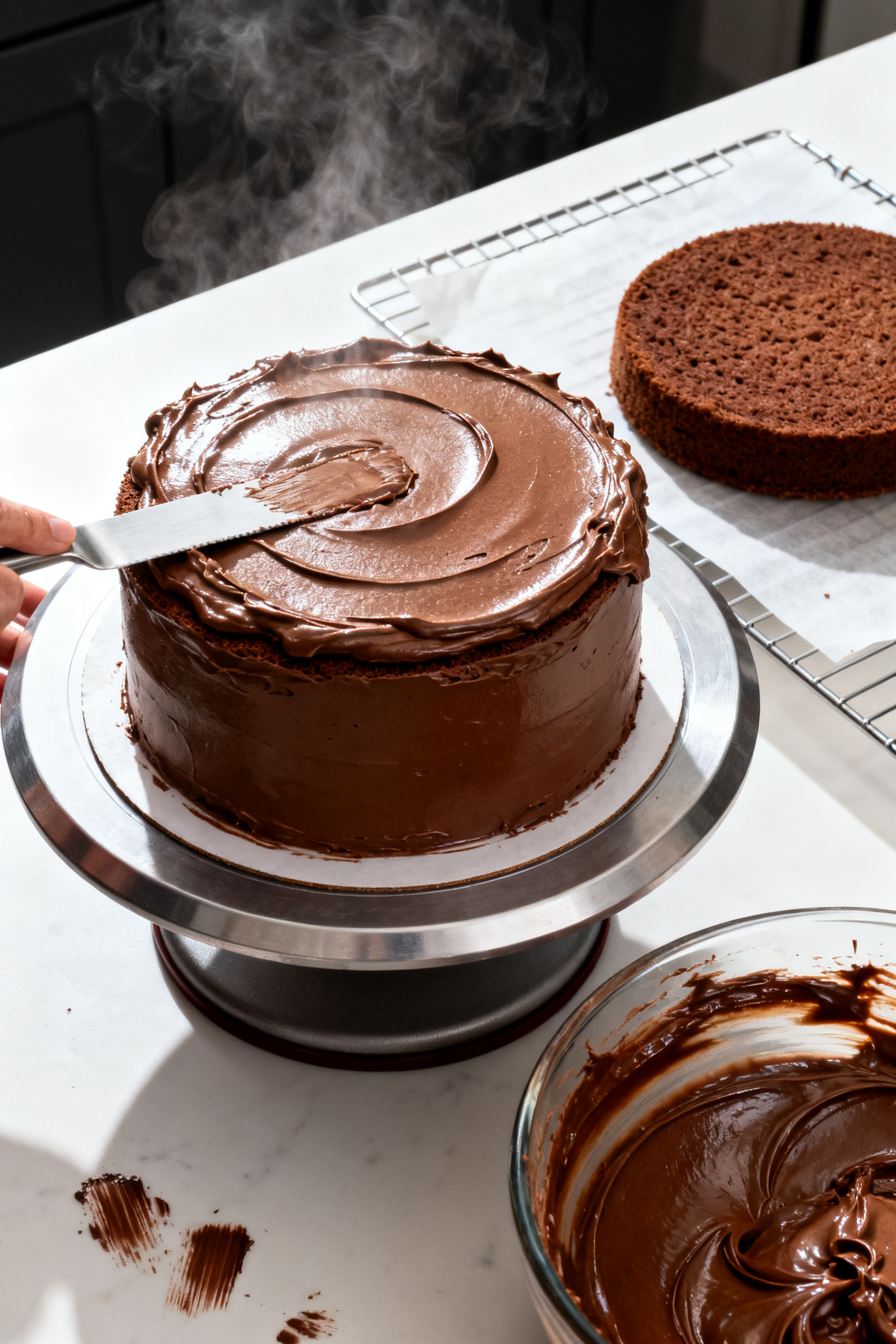 Process shot: one cake layer on a turntable being frosted—thick, glossy fudge frosting freshly whi