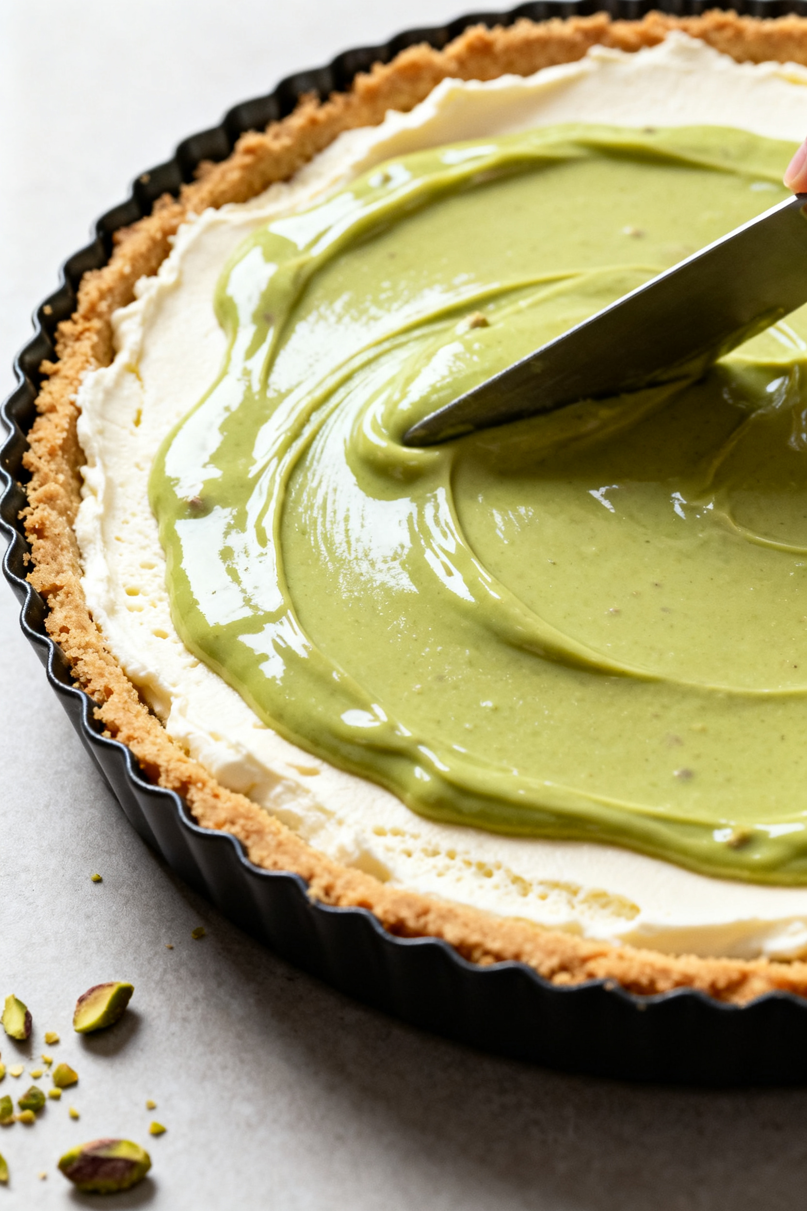 Process shot (prepared-food focus): Spreading the silky pistachio pudding layer over the already-smo