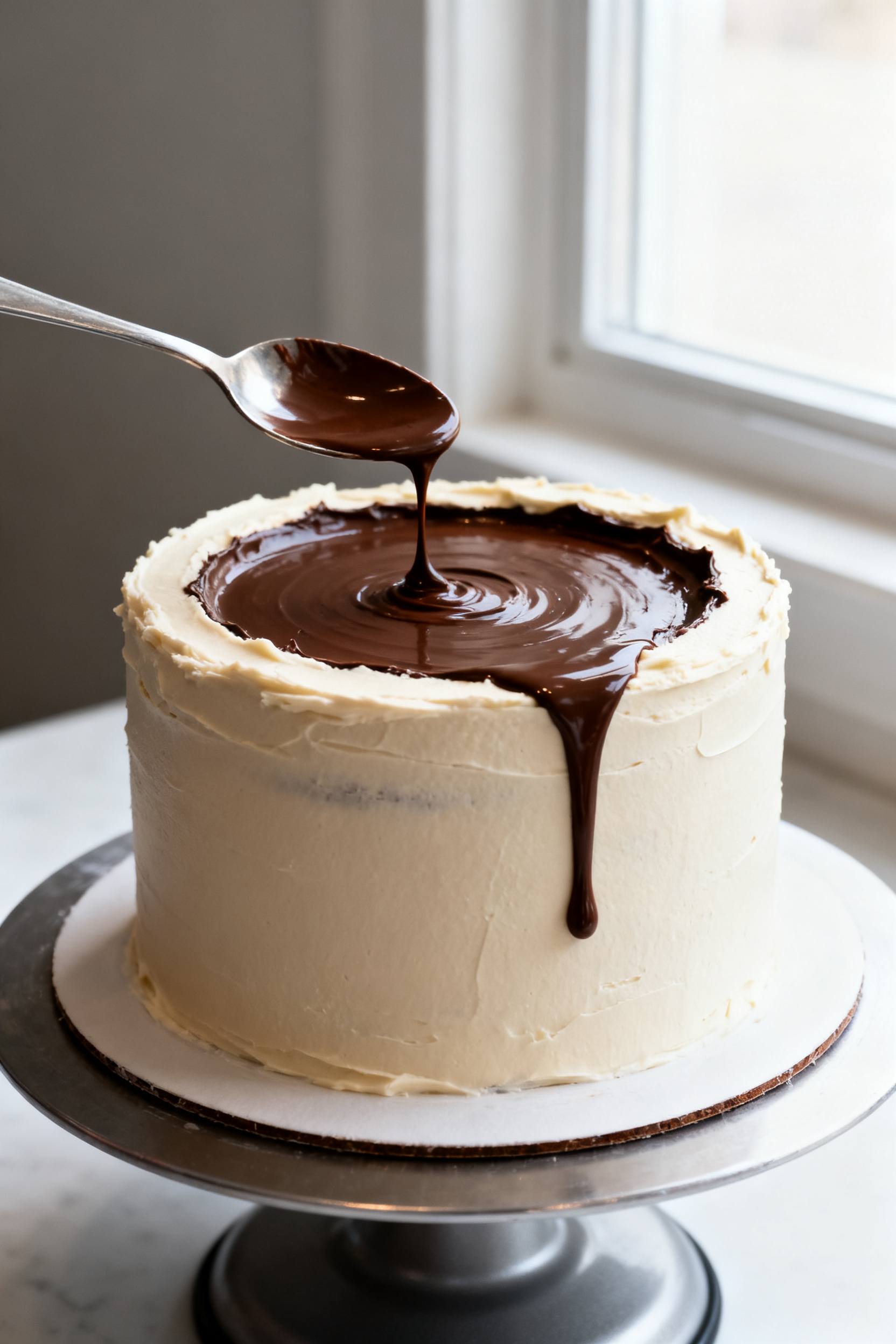 Process shot: the drip being applied to a chilled, final-coated cake—spoon hovering at the rim as 