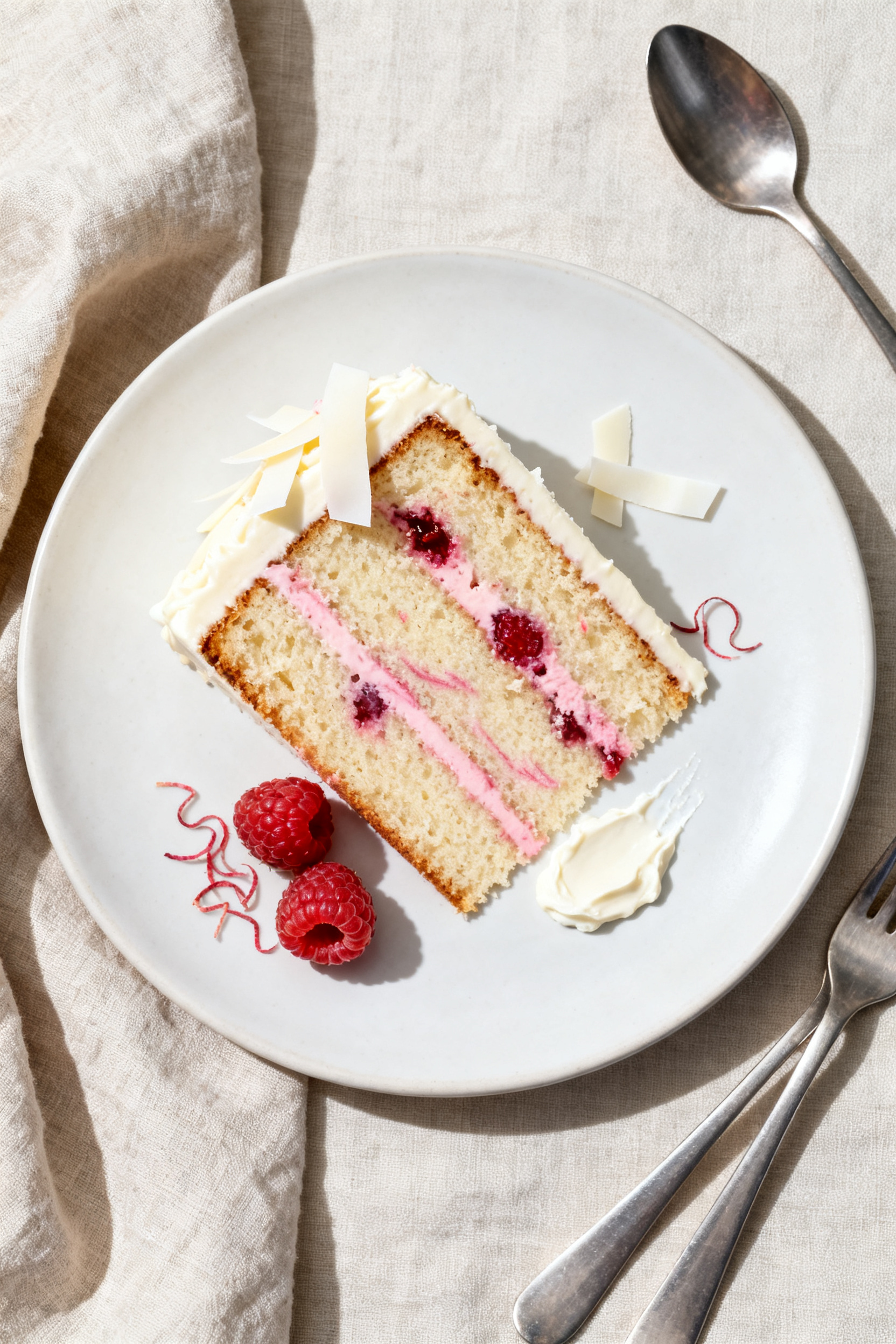 Tasty overhead slice shot: of a neatly sliced piece of white chocolate raspberry cake on a simple ma