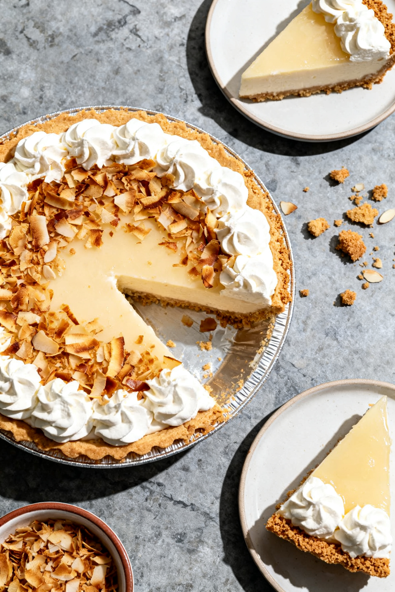 Tasty overhead view: Top-down shot of a fully assembled Keto Coconut Cream Pie on a cool gray stone 