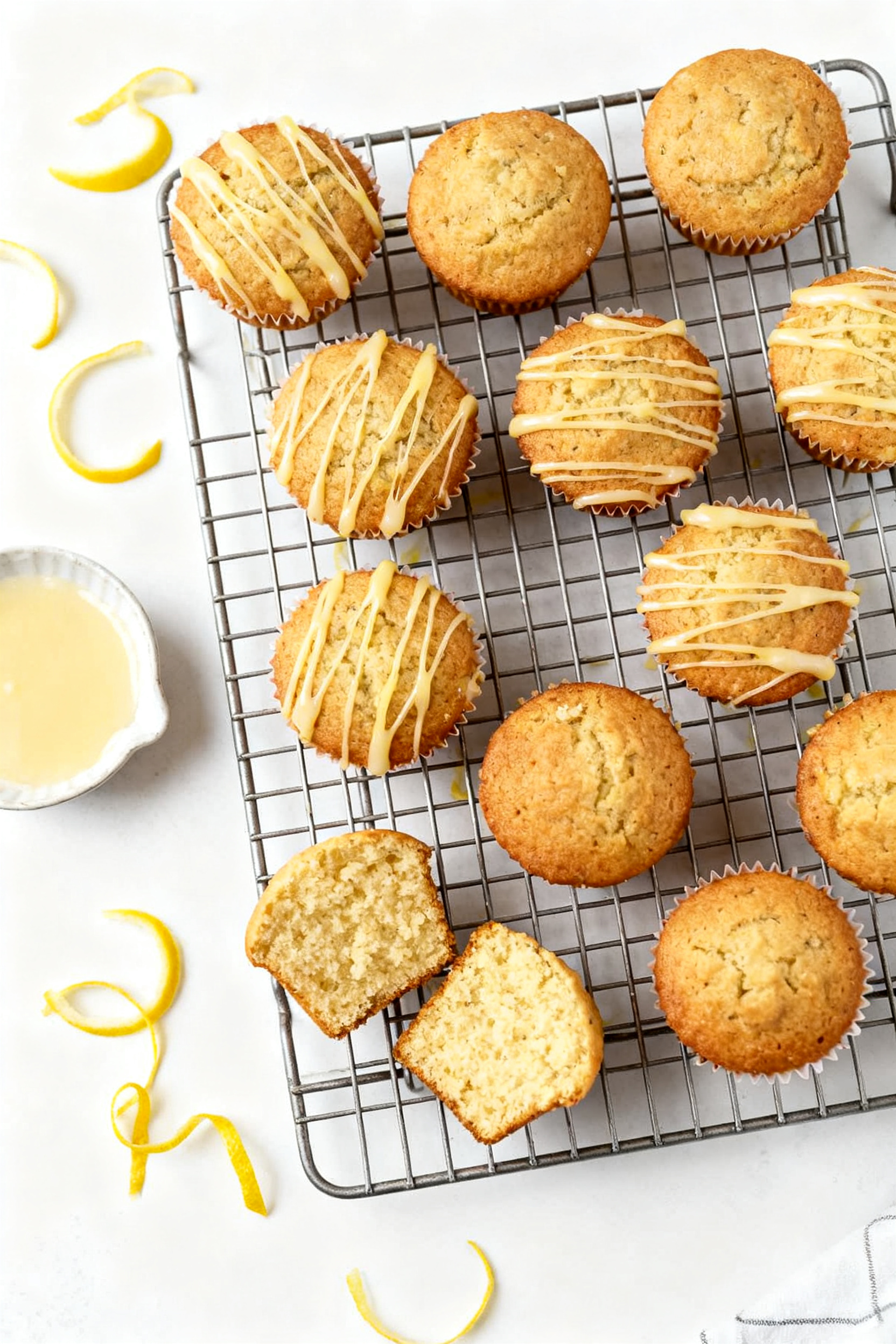Tasty top view final presentation: Overhead shot of a cooling rack filled with sugar-free lemon muff
