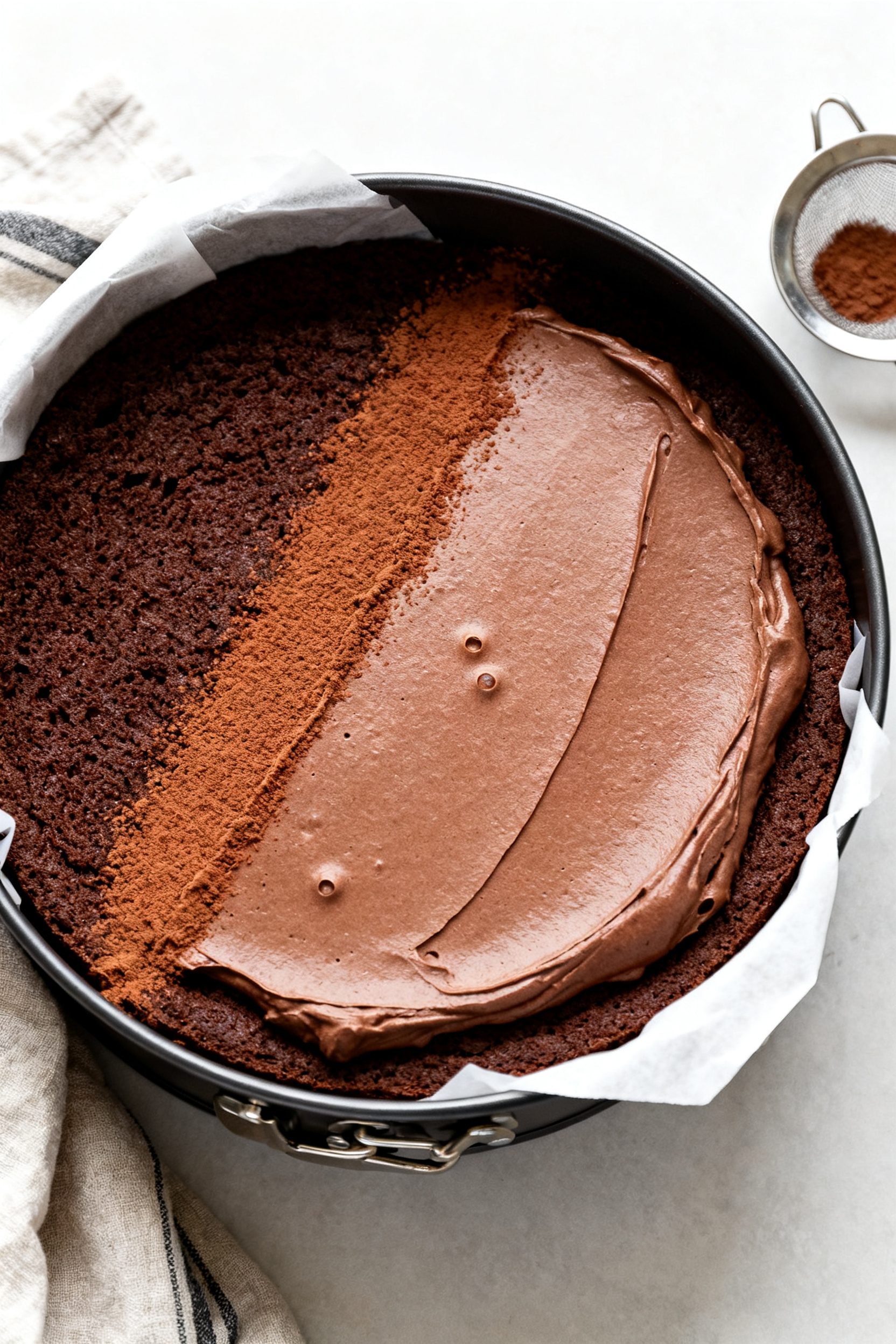 Tasty top view, overhead assembly: Overhead shot of the chocolate mousse cake assembled in a 9-inch 