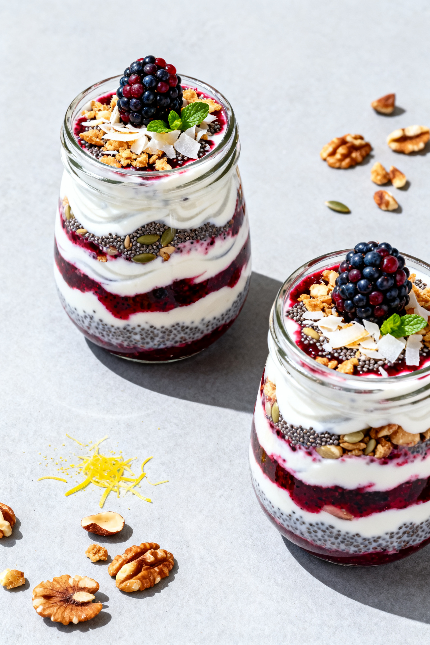 Tasty top view – overhead breakfast spread: Overhead shot of two parfait jars filled to the rim, s